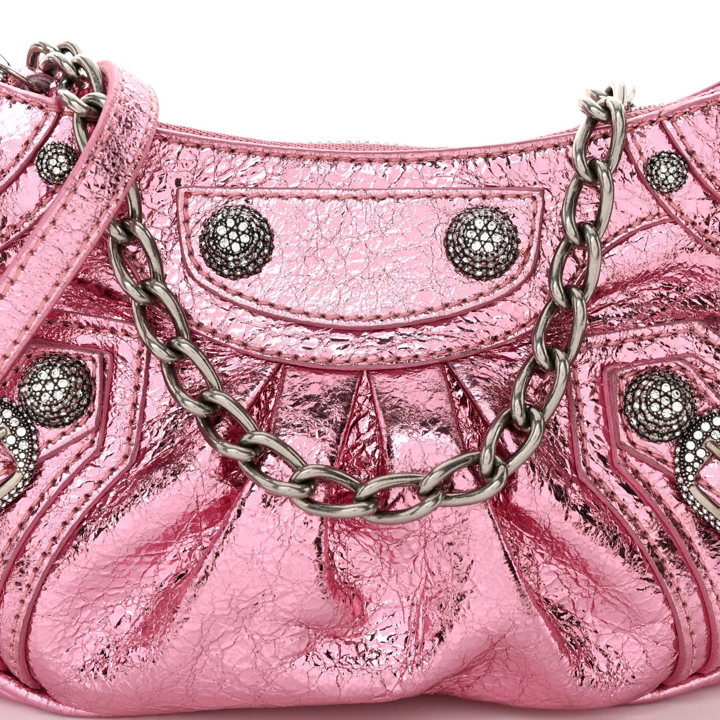 Metallic Agneau Arena Crystal Le Cagole Mini Purse With Chain Met Pink