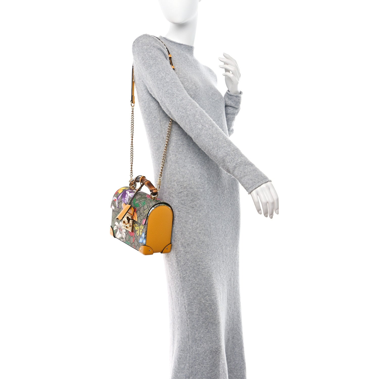 Gucci GG Supreme Monogram Flora Small Padlock Bamboo Shoulder Bag Beige Multicolor Crop 2 of 11
