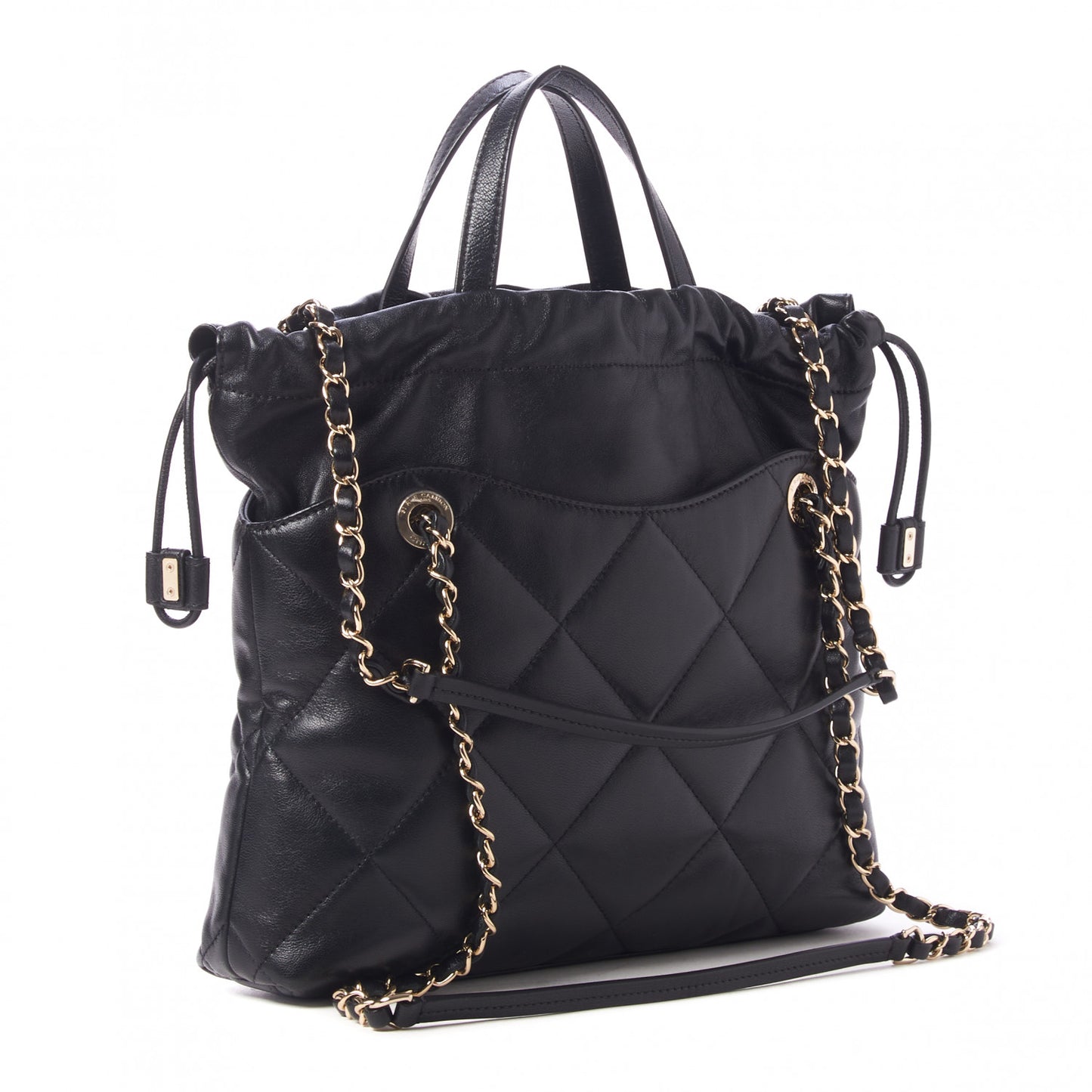 Lambskin Quilted Small Drawstring Shopping Bag Black