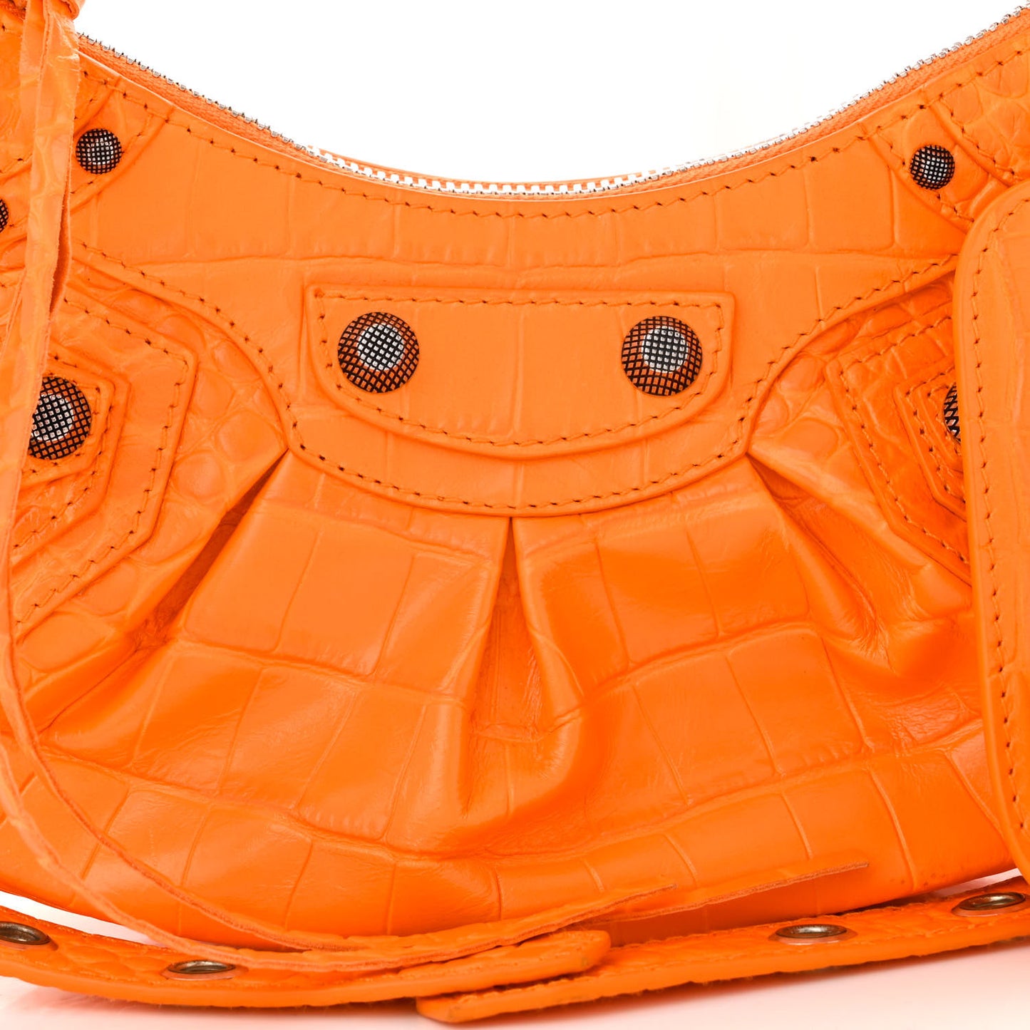 Extra Supple Calfskin Crocodile Embossed Le Cagole Shoulder Bag XS Pop Orange