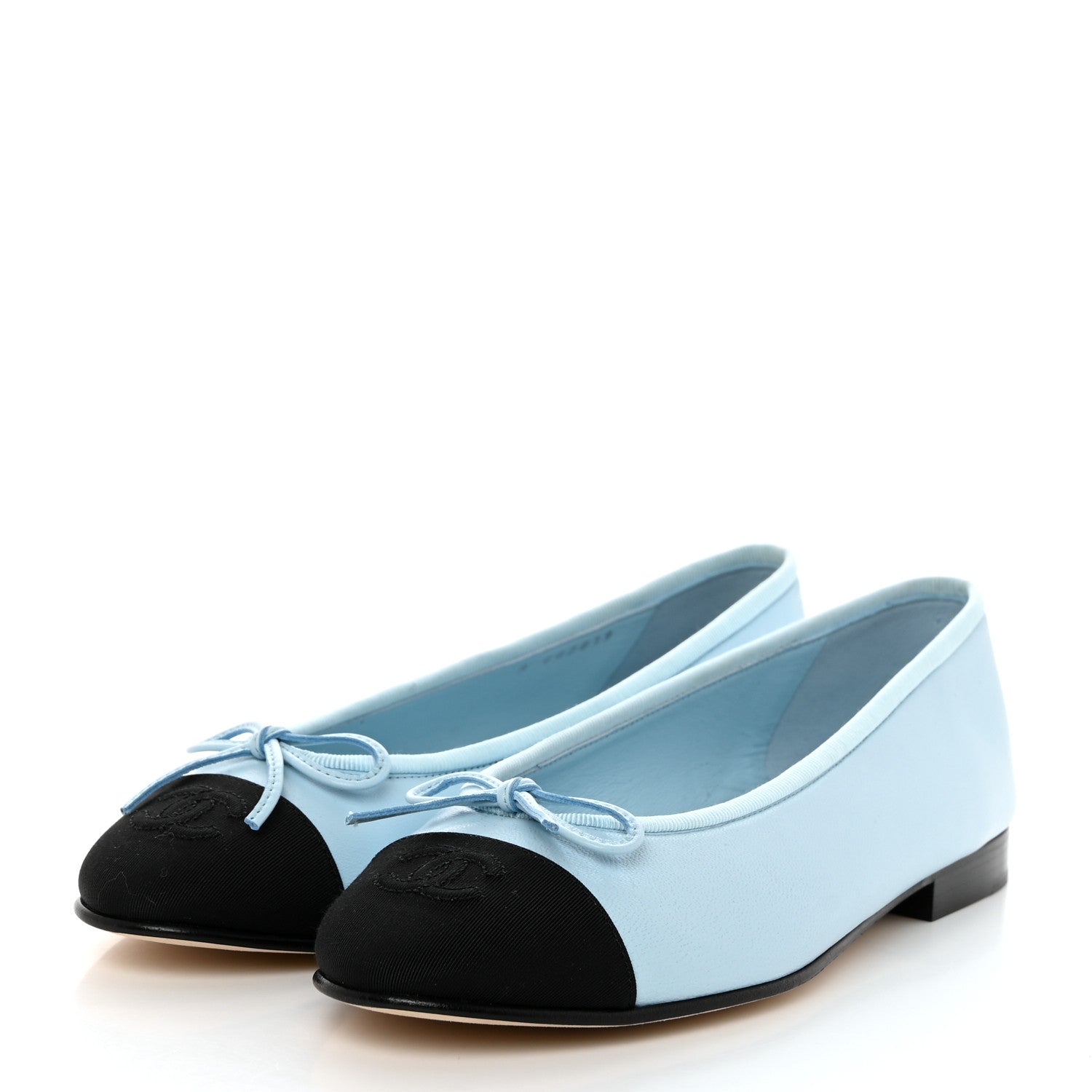 Chanel Lambskin Grosgrain Cap Toe CC Ballerina Flats 37.5 Light Blue Black 3 of 10