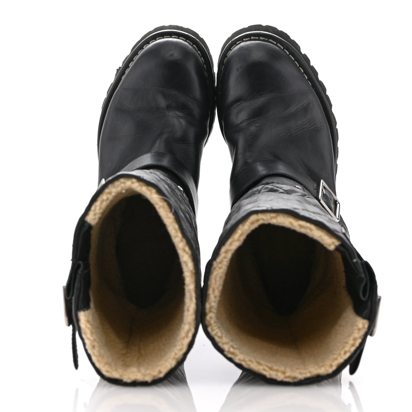 Calfskin Quilted Buckle Biker Boots 36 Black