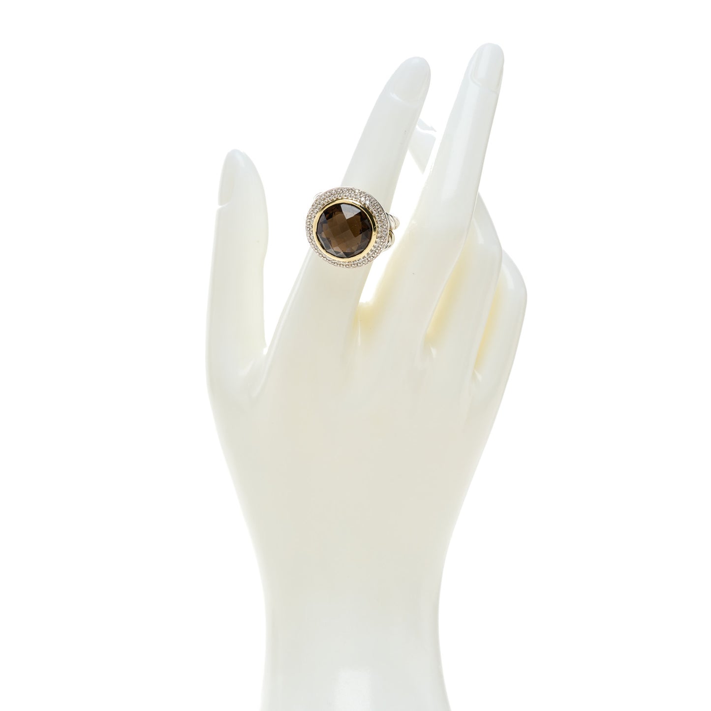 Sterling Silver 18K Yellow Gold Smoky Quartz Cognac Diamond Round Cocktail Ring 52 6
