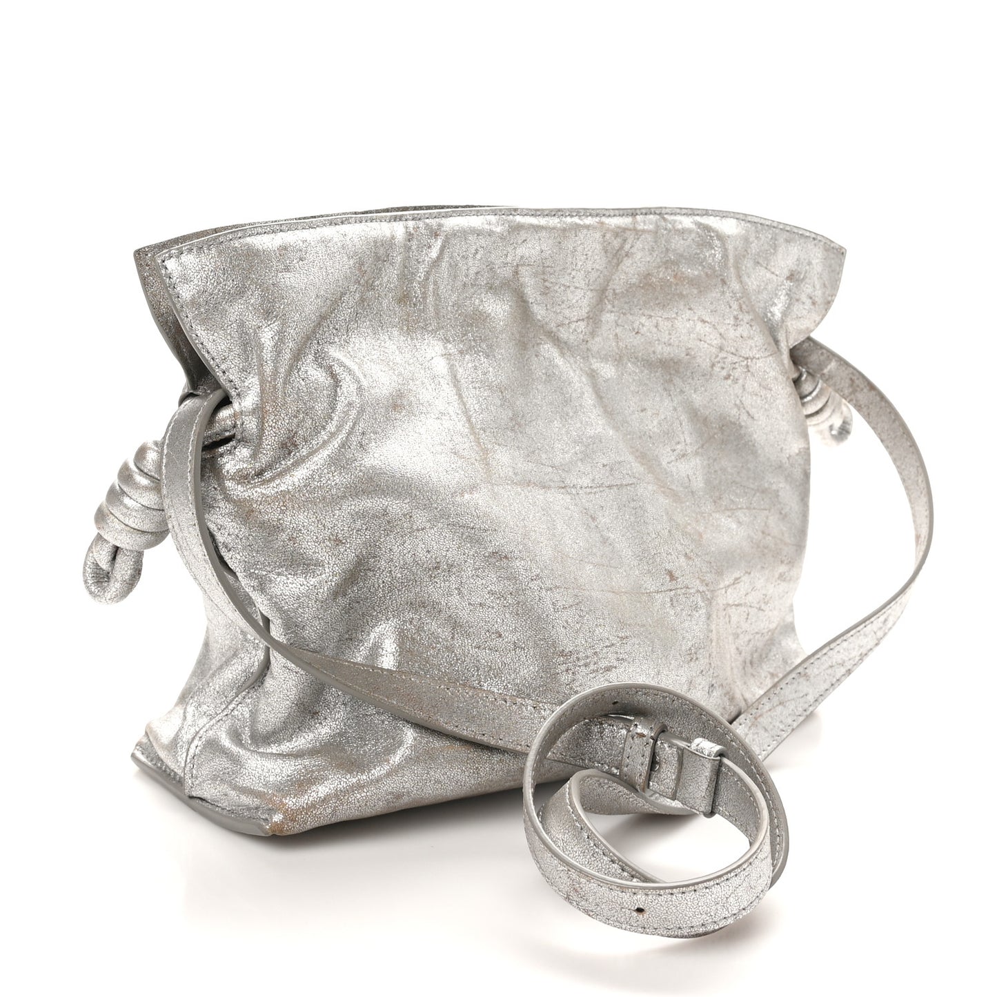 Distressed Metallic Lambskin Medium Flamenco Knot Bag Silver