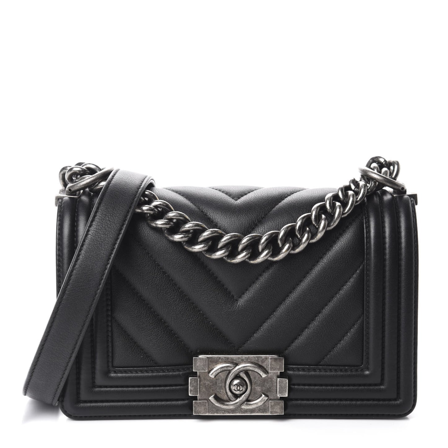 Calfskin Chevron Quilted Small Boy Flap Black