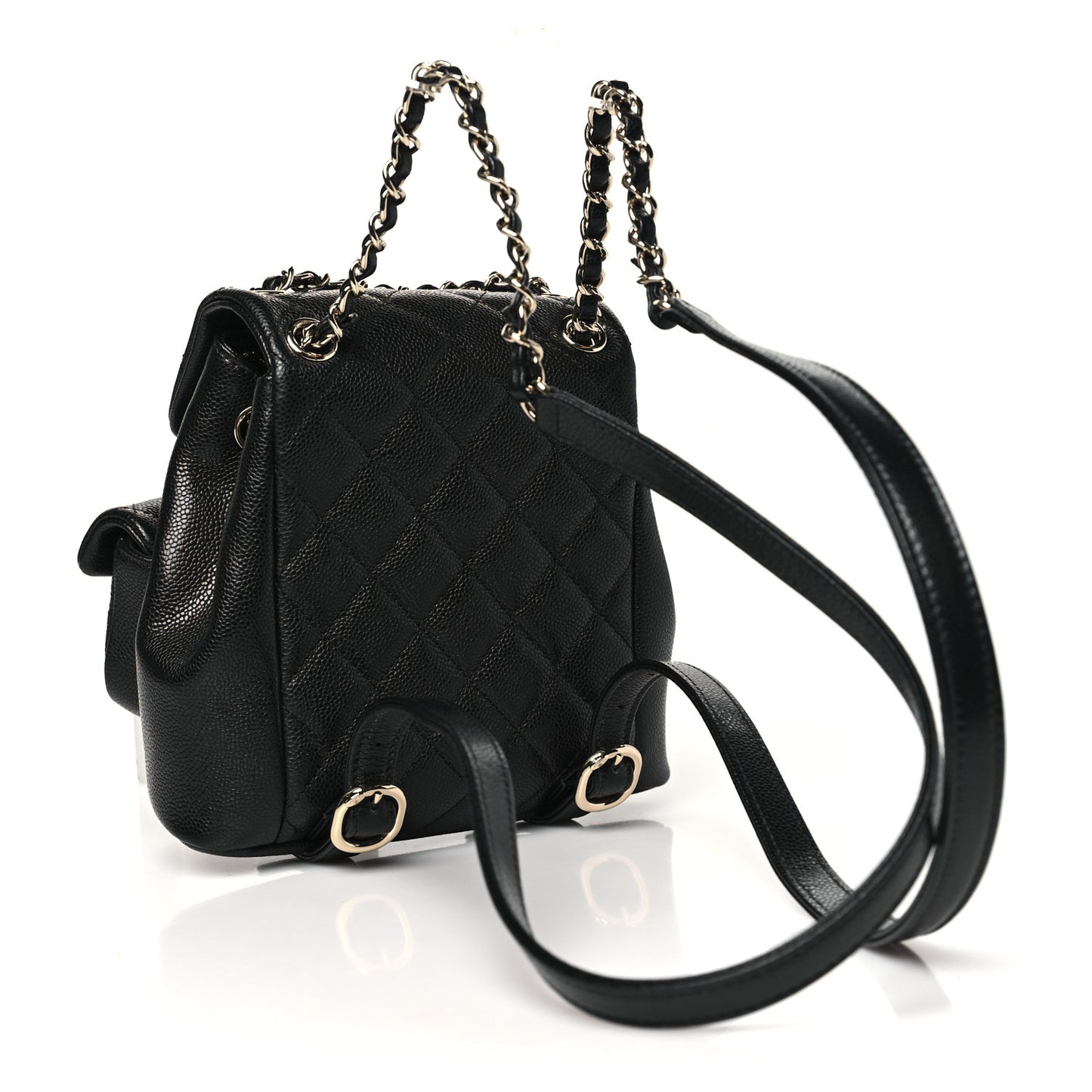 Shiny Caviar Quilted Small Duma Pockets Drawstring Backpack Black