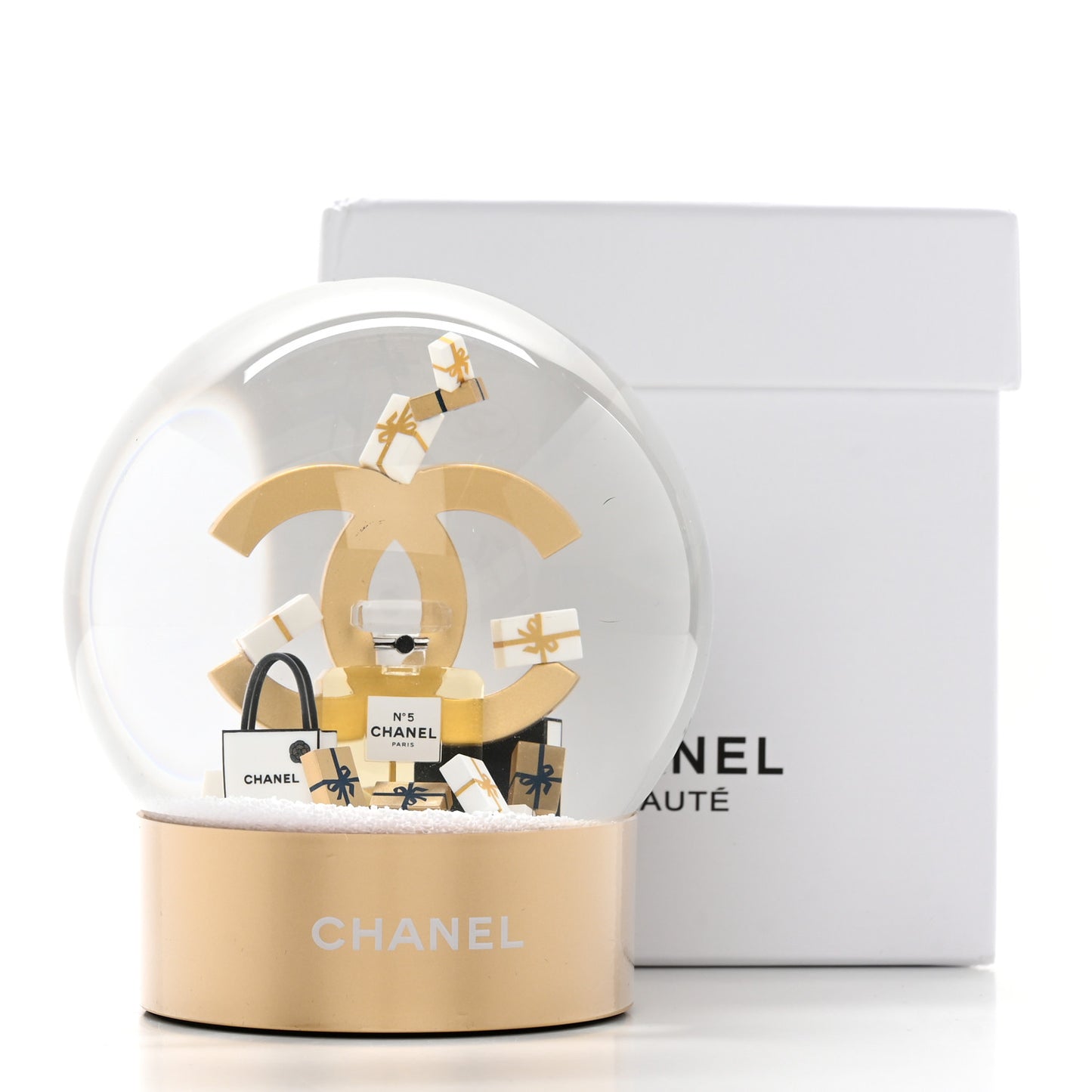 Glass CC Shopping Bag Snow Globe Gold