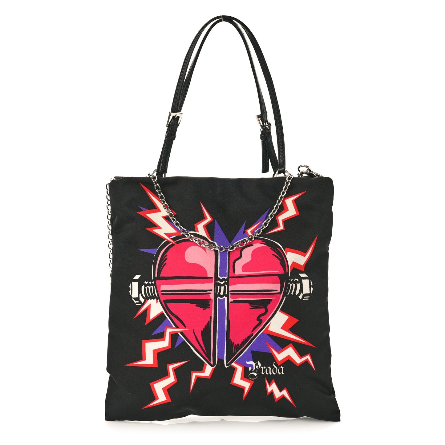 X UNIVERSAL STUDIOS Tessuto Nylon Soft Calfskin Frankenstein Heart Chain Shopping Tote Black
