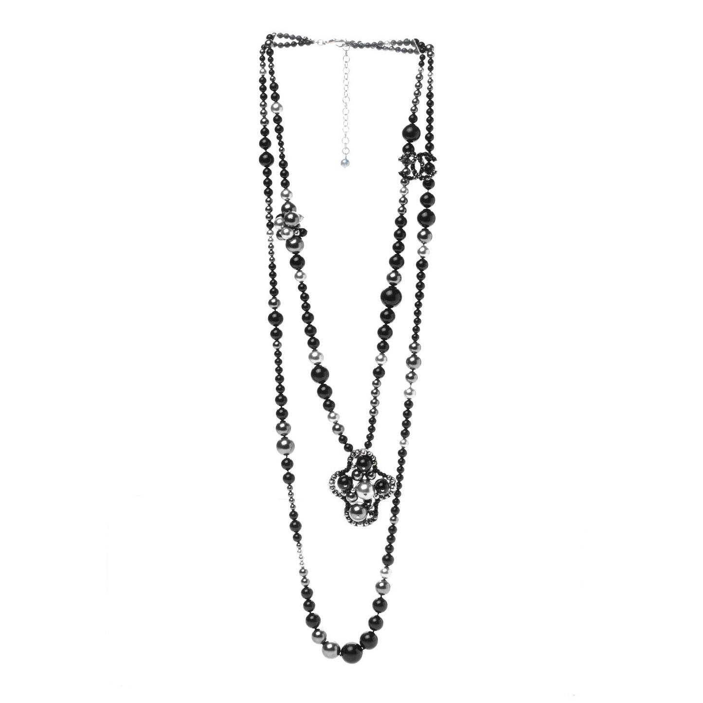 Pearl Beaded CC Long Necklace Black Silver