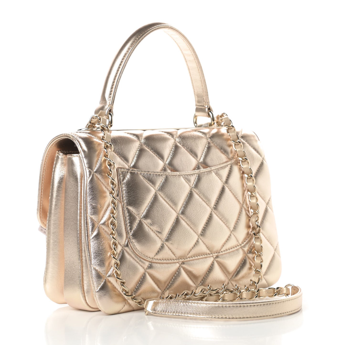 Metallic Lambskin Quilted Small Trendy CC Flap Dual Handle Bag Gold