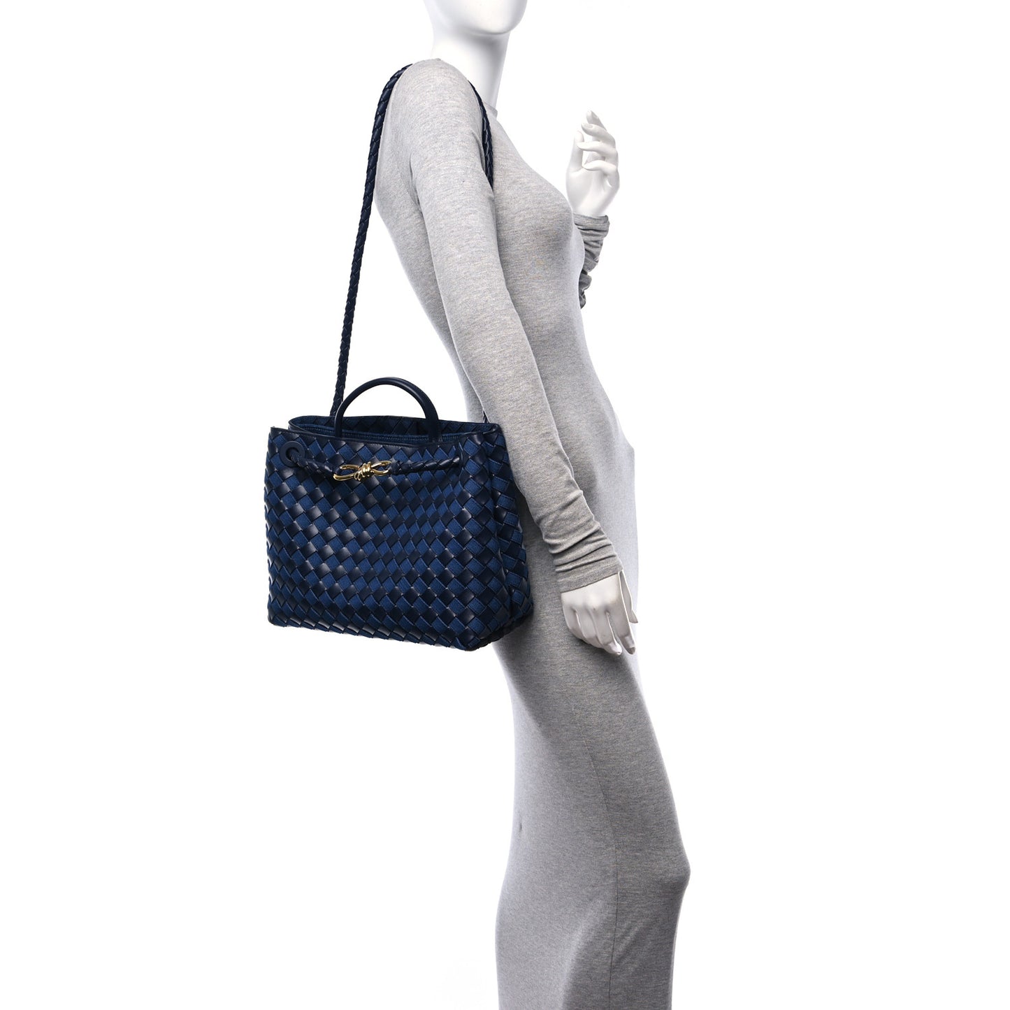 Nappa Intrecciato Denim Medium Andiamo Shoulder Bag Abyss Indigo