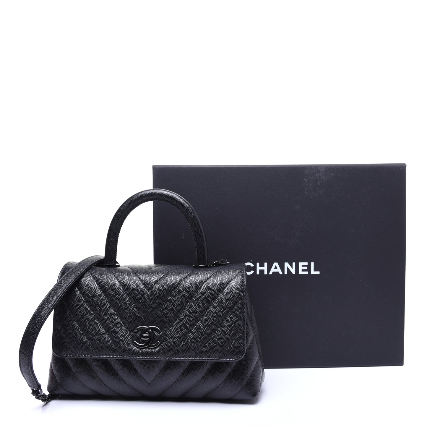 Caviar Chevron Quilted Mini Coco Handle Flap So Black