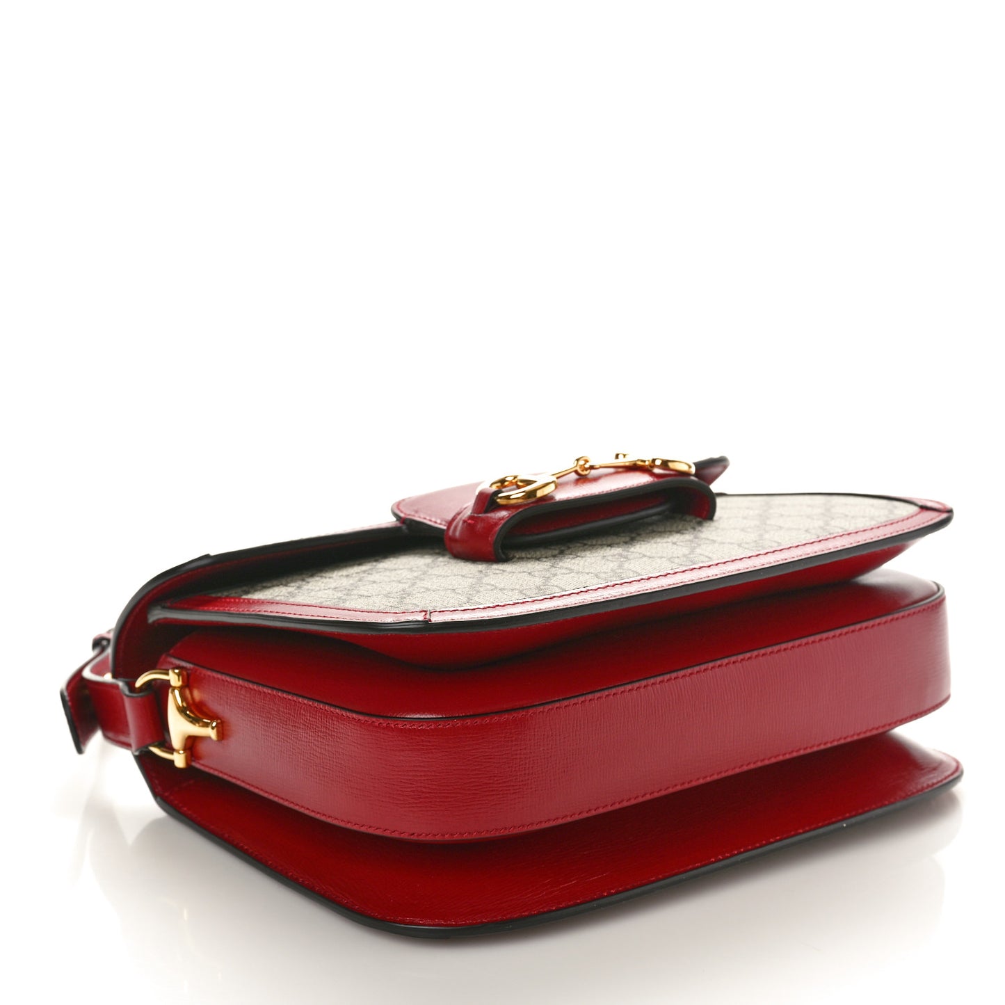 GG Supreme Monogram Azalea Calfskin Horsebit 1955 Shoulder Bag Beige Ebony New Cherry Red
