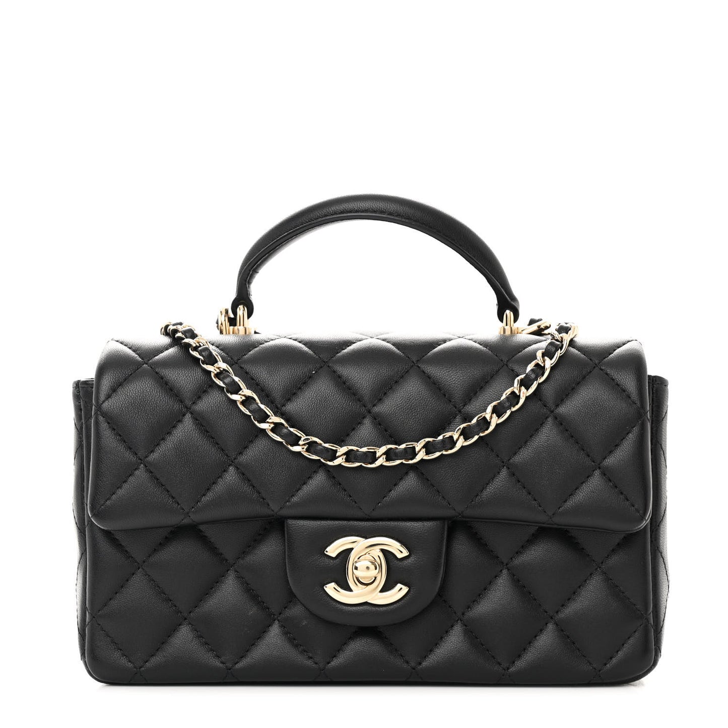 Lambskin Quilted Mini Top Handle Rectangular Flap Black