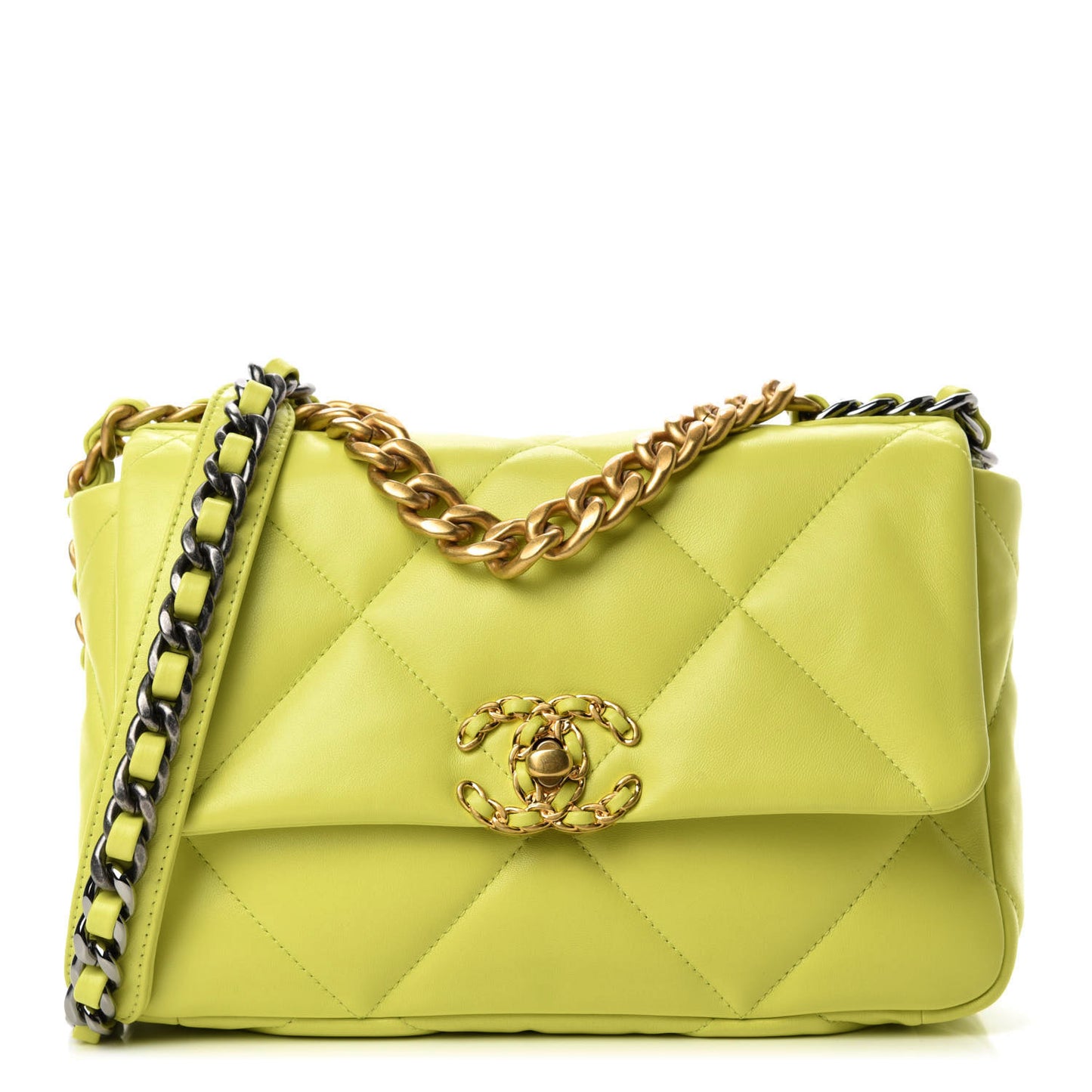 Shiny Lambskin Quilted Medium Chanel 19 Flap Neon Yellow