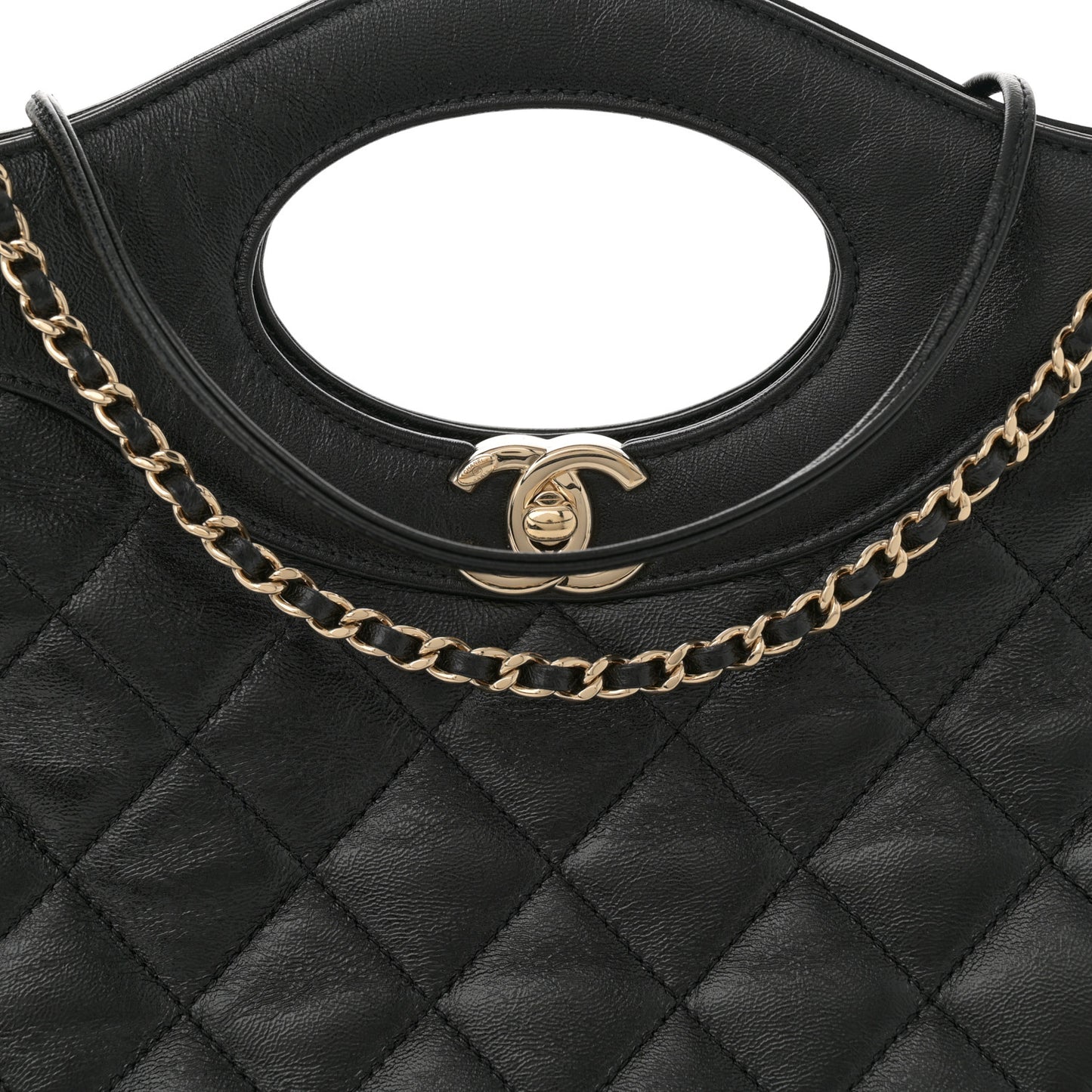 Shiny Crumpled Calfskin Quilted Small 31 Shopping Bag Black