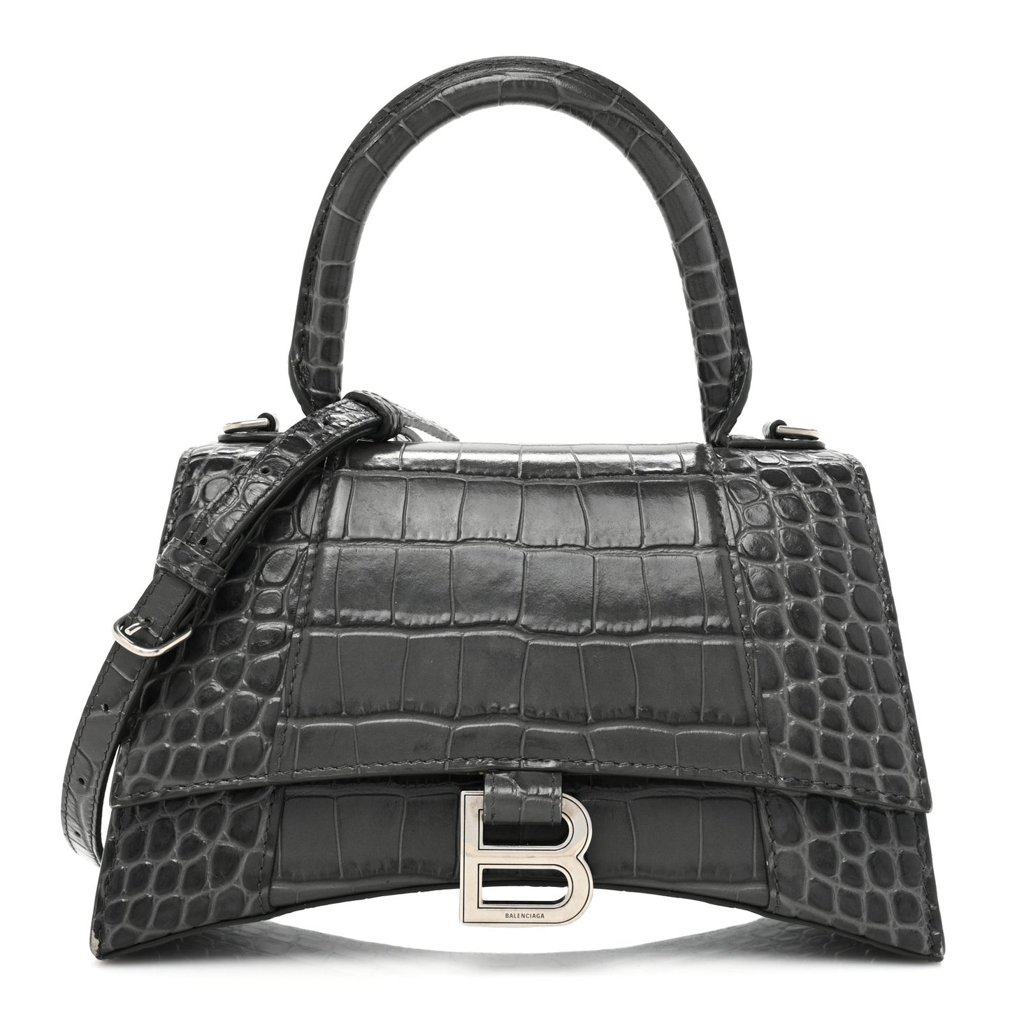 Shiny Calfskin Crocodile Embossed Small Hourglass Top Handle Bag Dark Grey