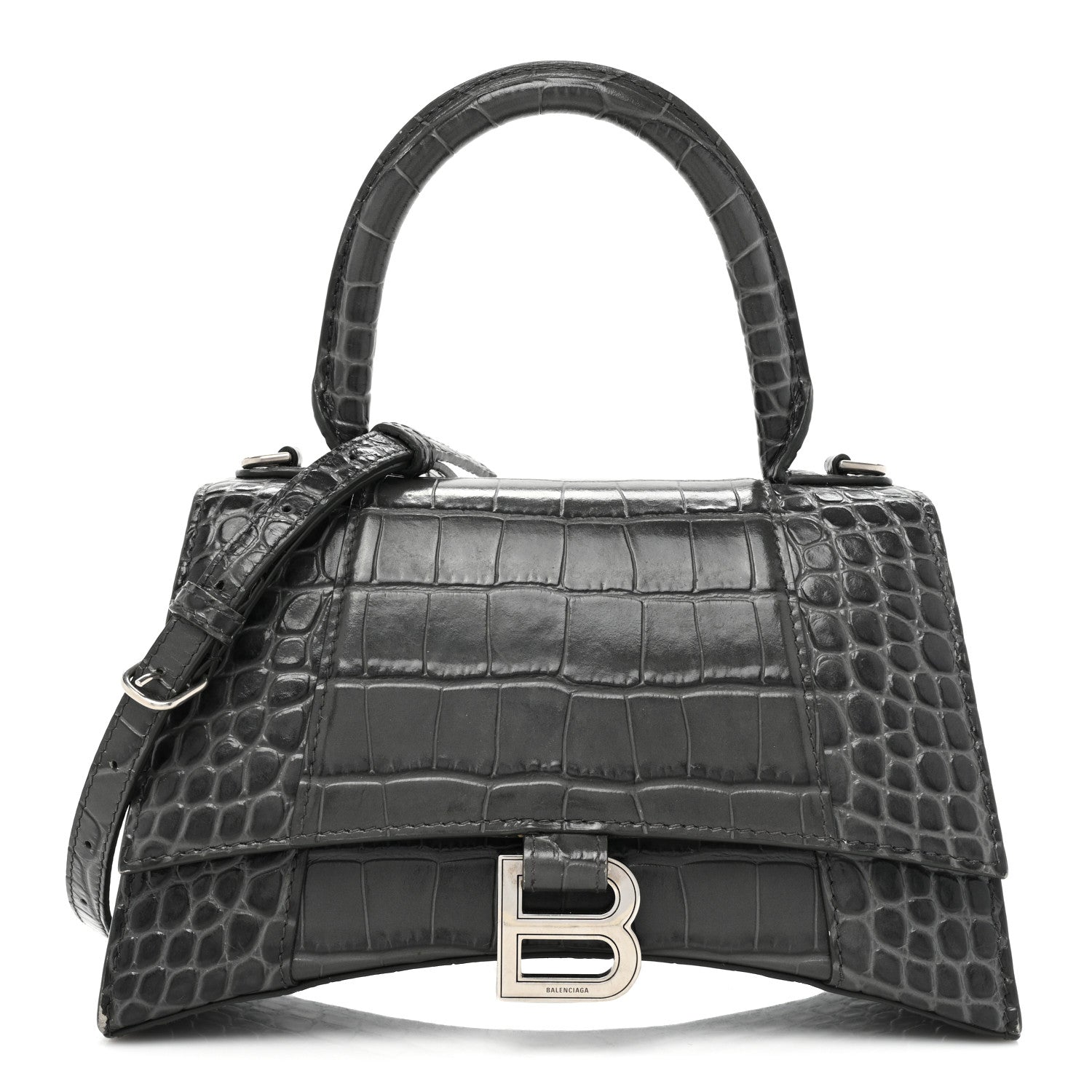 Balenciaga Shiny Calfskin Crocodile Embossed Small Hourglass Top Handle Bag Dark Grey 1 of 19