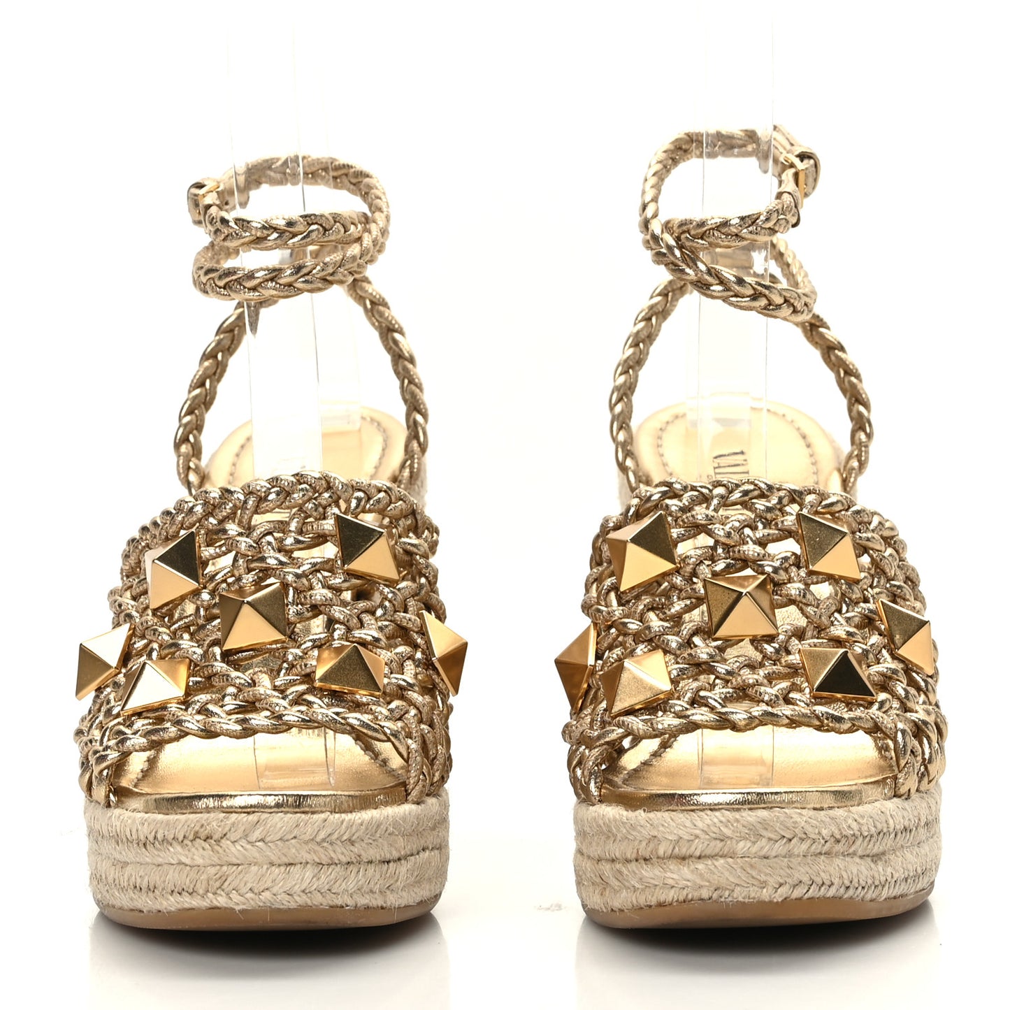 Metallic Nappa Woven Roman Stud Macrome Espadrille Wedge Ankle Wrap Sandals 35 Star Gold
