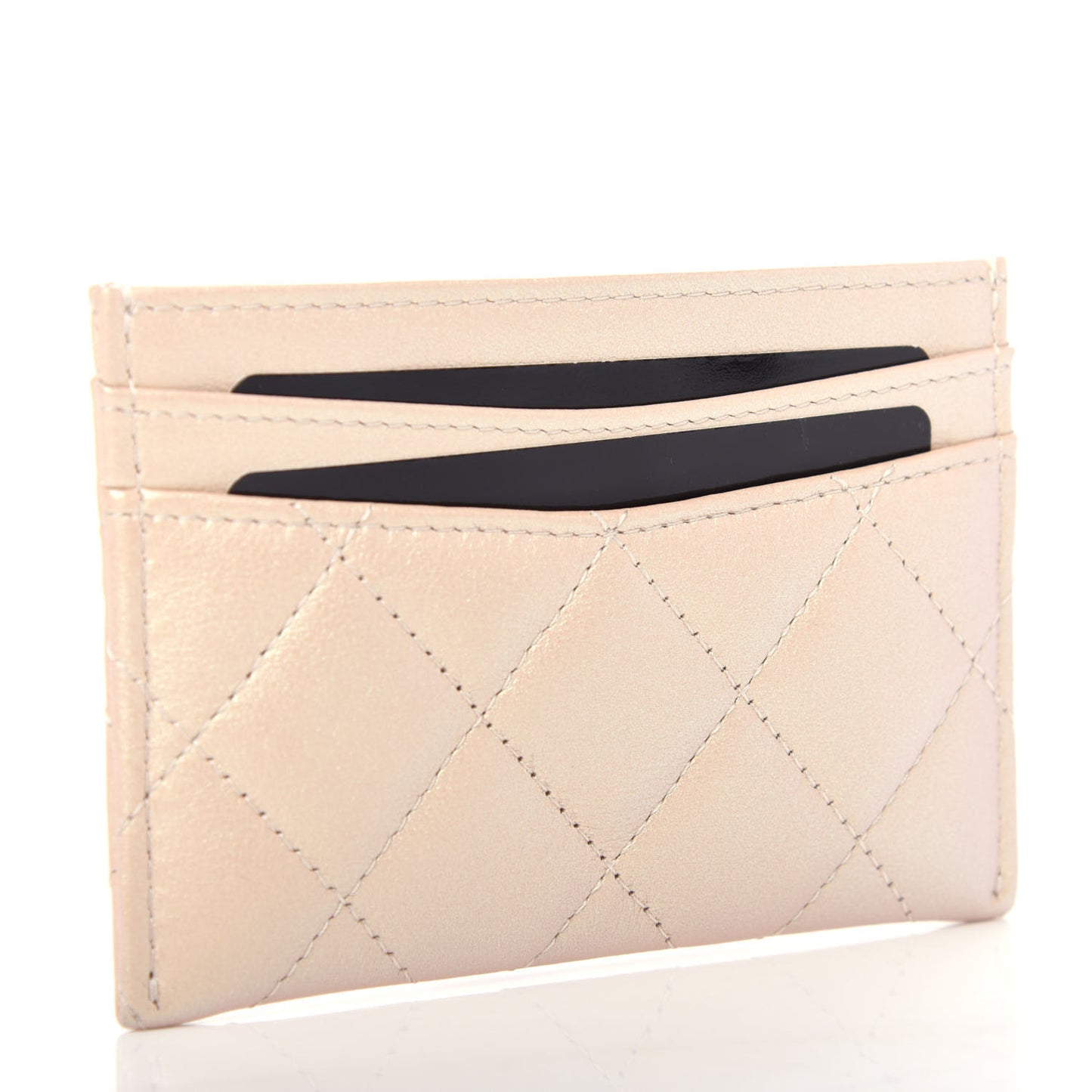 Iridescent Calfskin Quilted Card Holder Beige