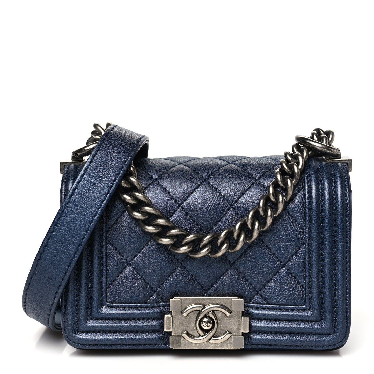Metallic Calfskin Quilted Mini Boy Flap Blue