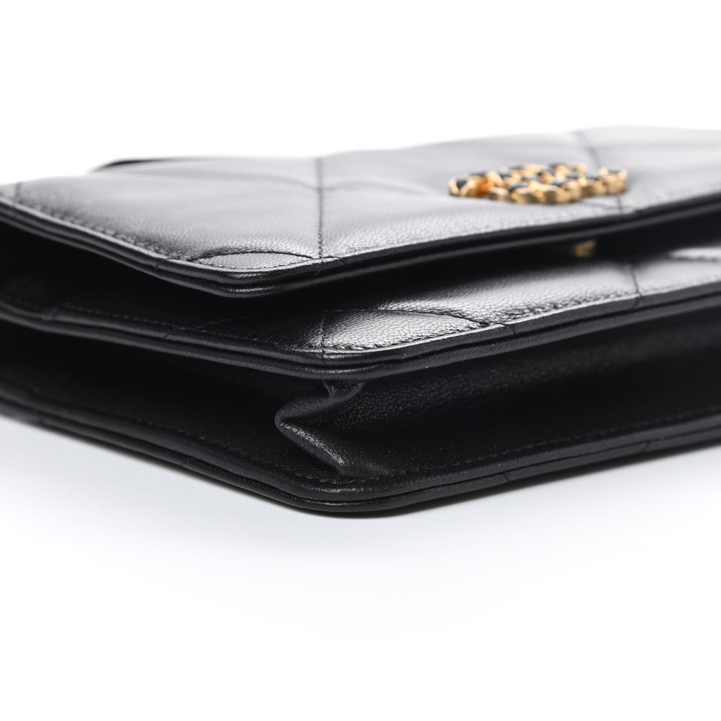 Shiny Goatskin Quilted Chanel 19 Wallet On Chain WOC Black