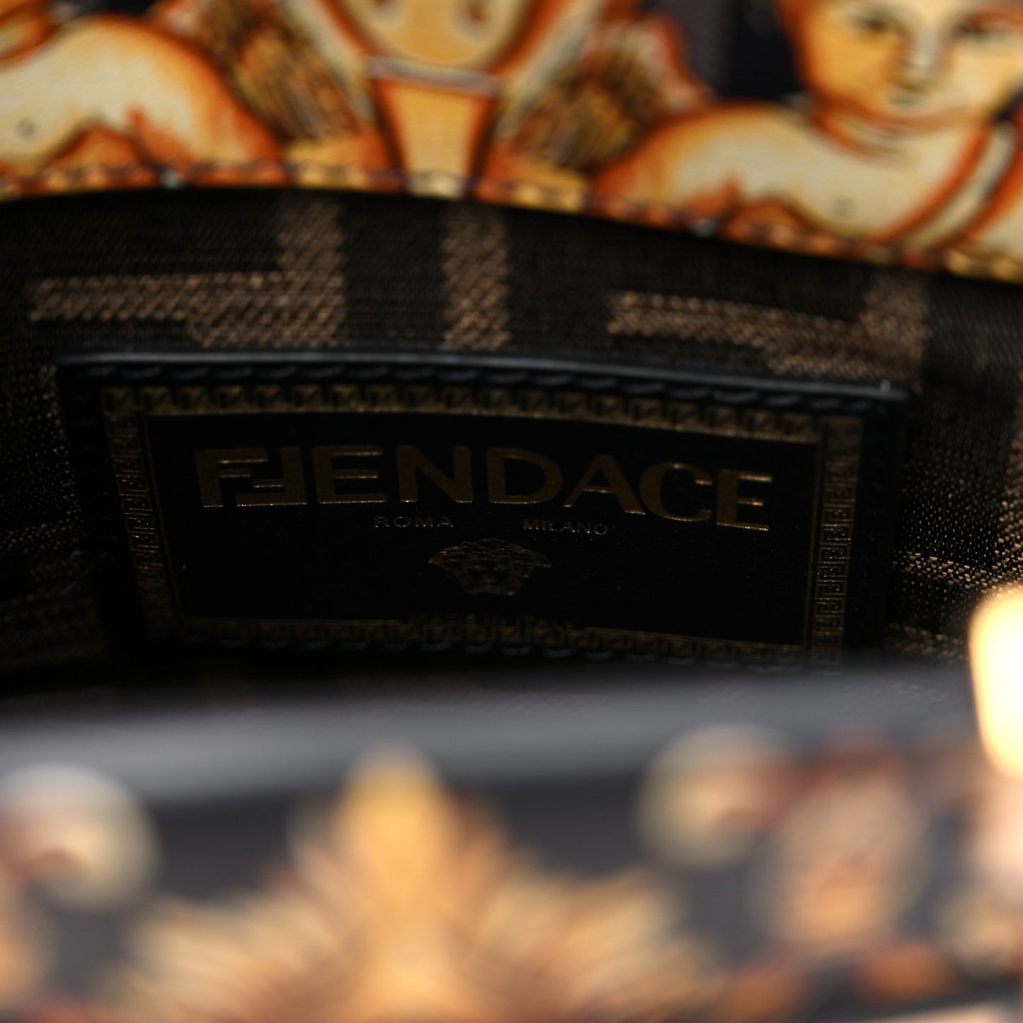 X VERSACE Vitello King Catalan Mirror Plexiglass Fendace FF Baroque Logo Mini Fendi Sunshine Shopper Tote Black Gold
