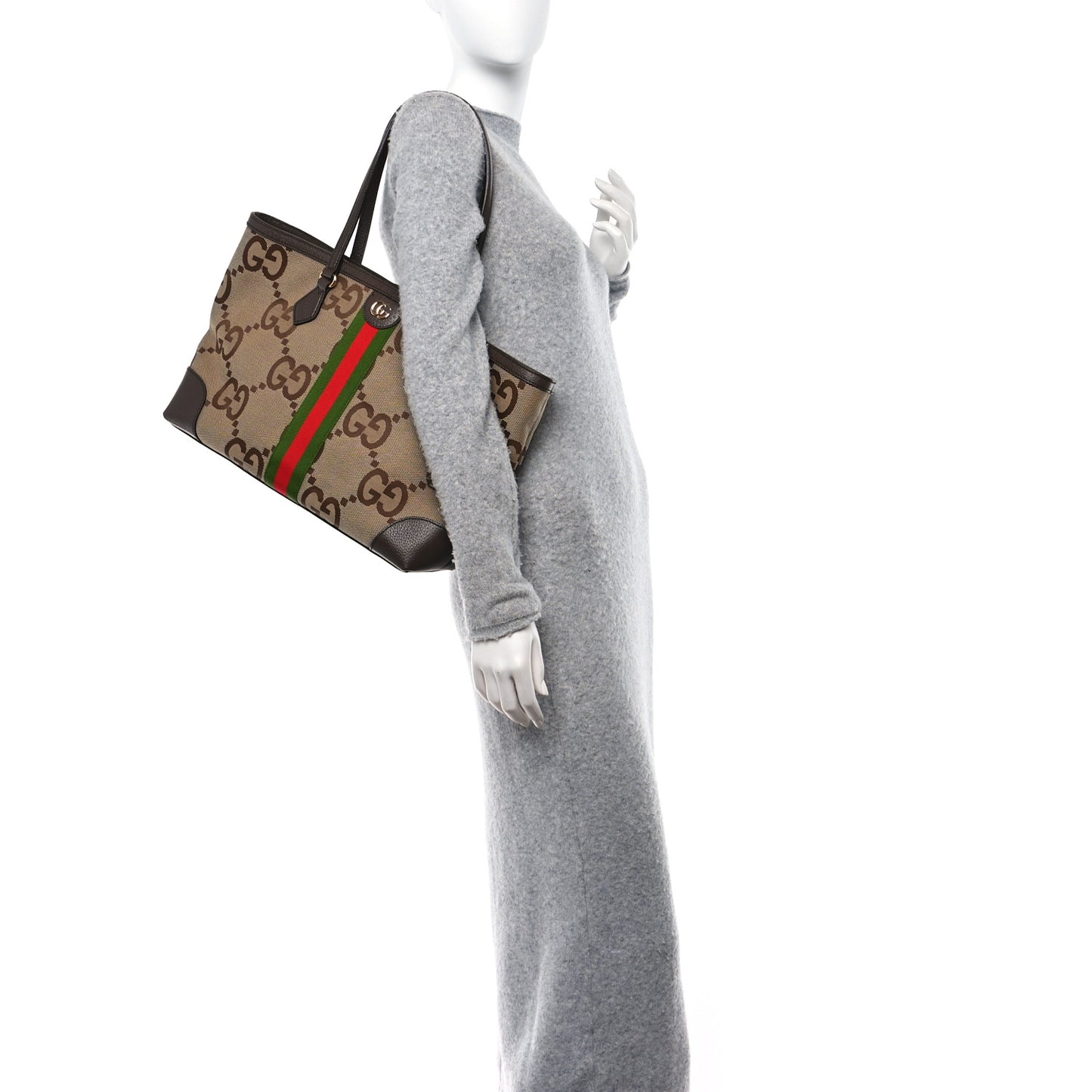 Monogram Jumbo GG Textured Dollar Calfskin Web Medium Ophidia Shopping Tote Camel Ebony