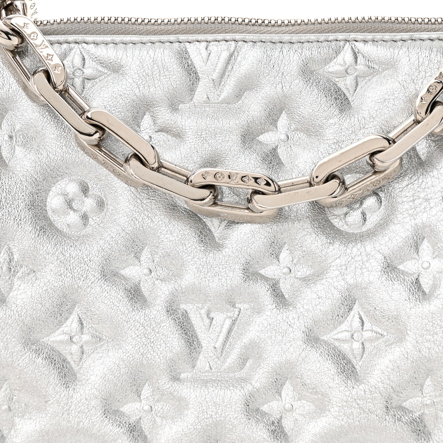 Metallic Lambskin Embossed Monogram Coussin PM Silver