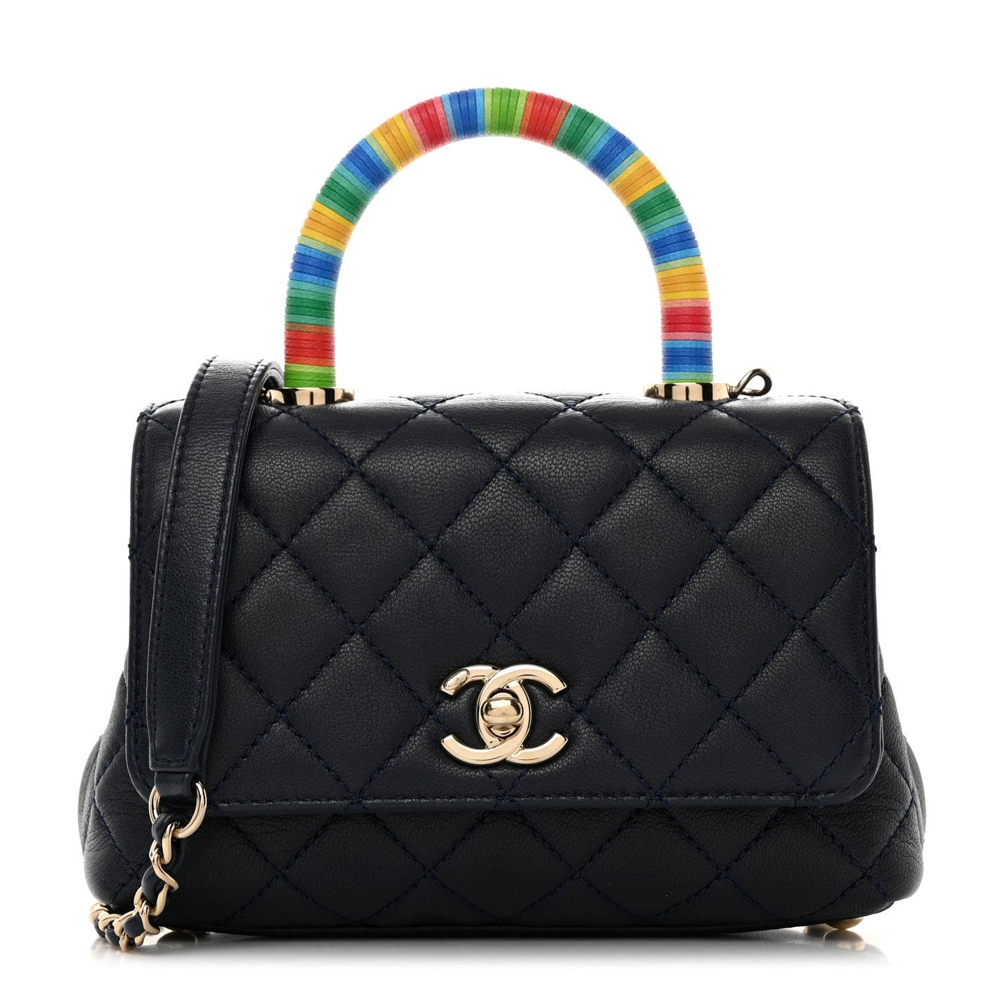 Goatskin Quilted Extra Mini Rainbow Coco Handle Flap Navy Blue