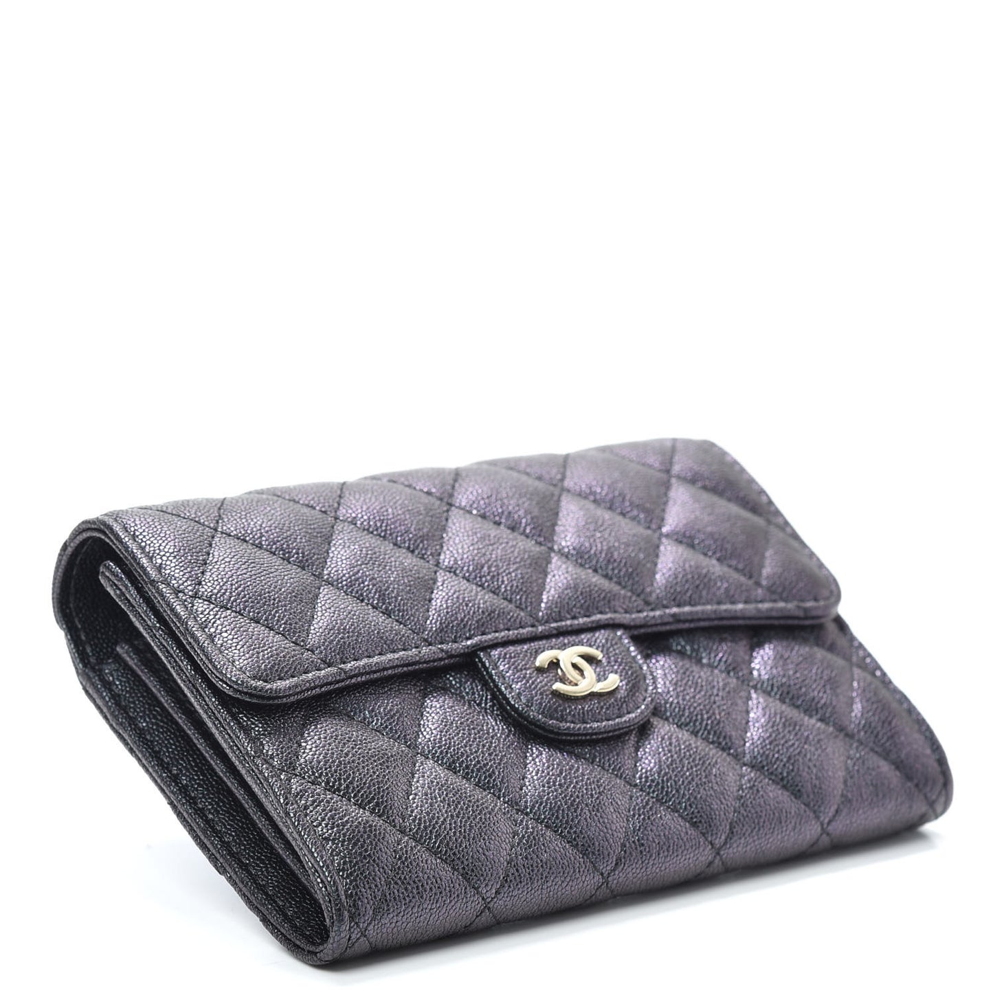 Iridescent Caviar Quilted Medium Flap Wallet Black