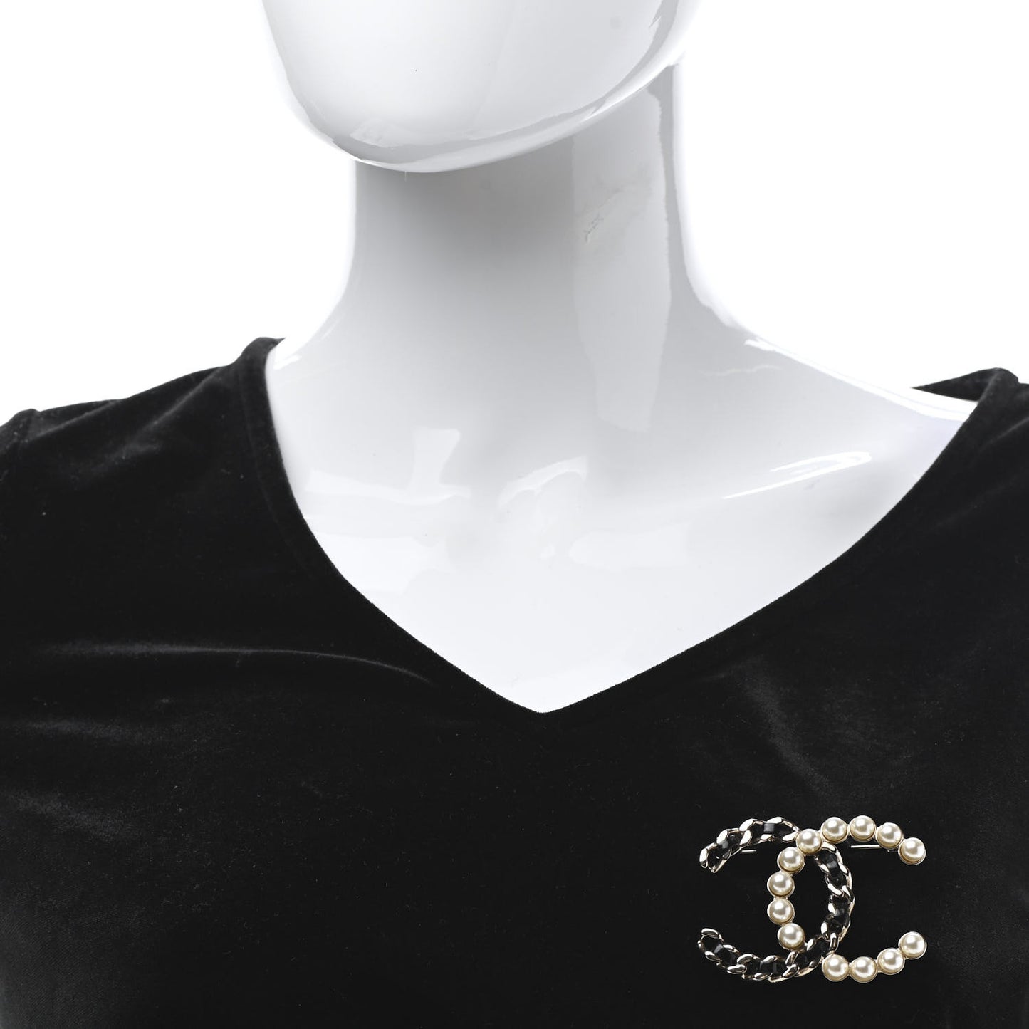 Lambskin Pearl CC Chain Brooch Black Gold