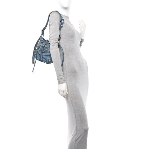 Washed Denim Crystal BB Monogram Le Cagole Bucket Bag XS Blue