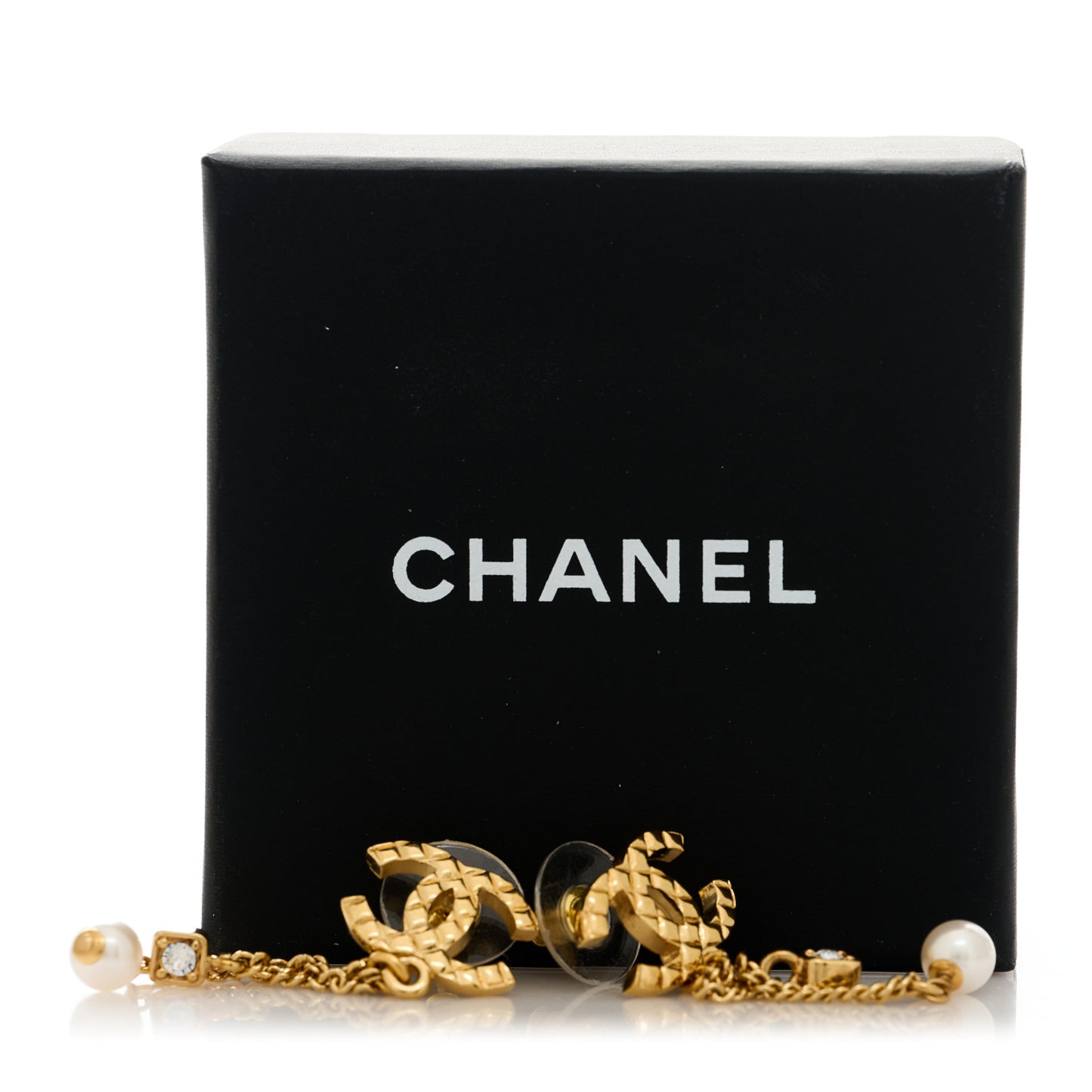 Crystal Pearl Quilted CC Chain Drop Earrings Gold