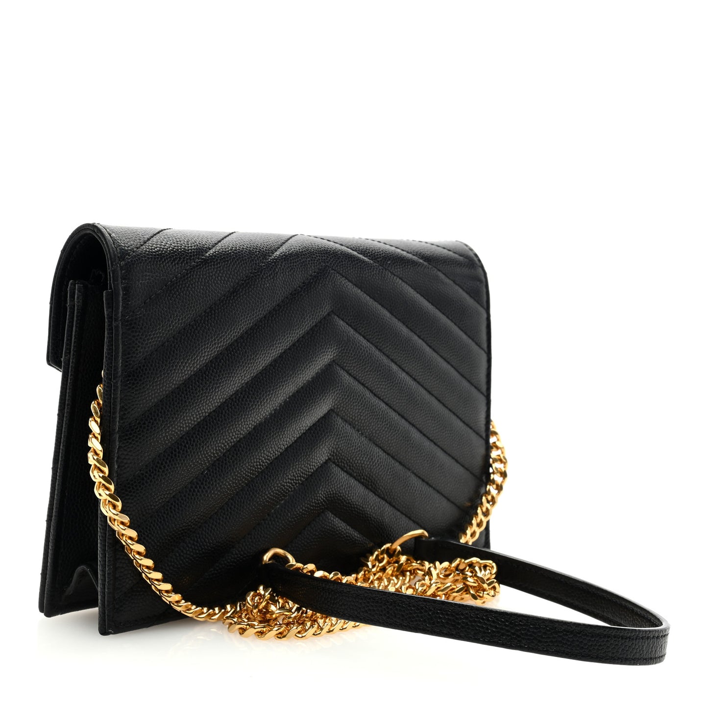 Grain De Poudre Matelasse Chevron Monogram Envelope Chain Wallet Black