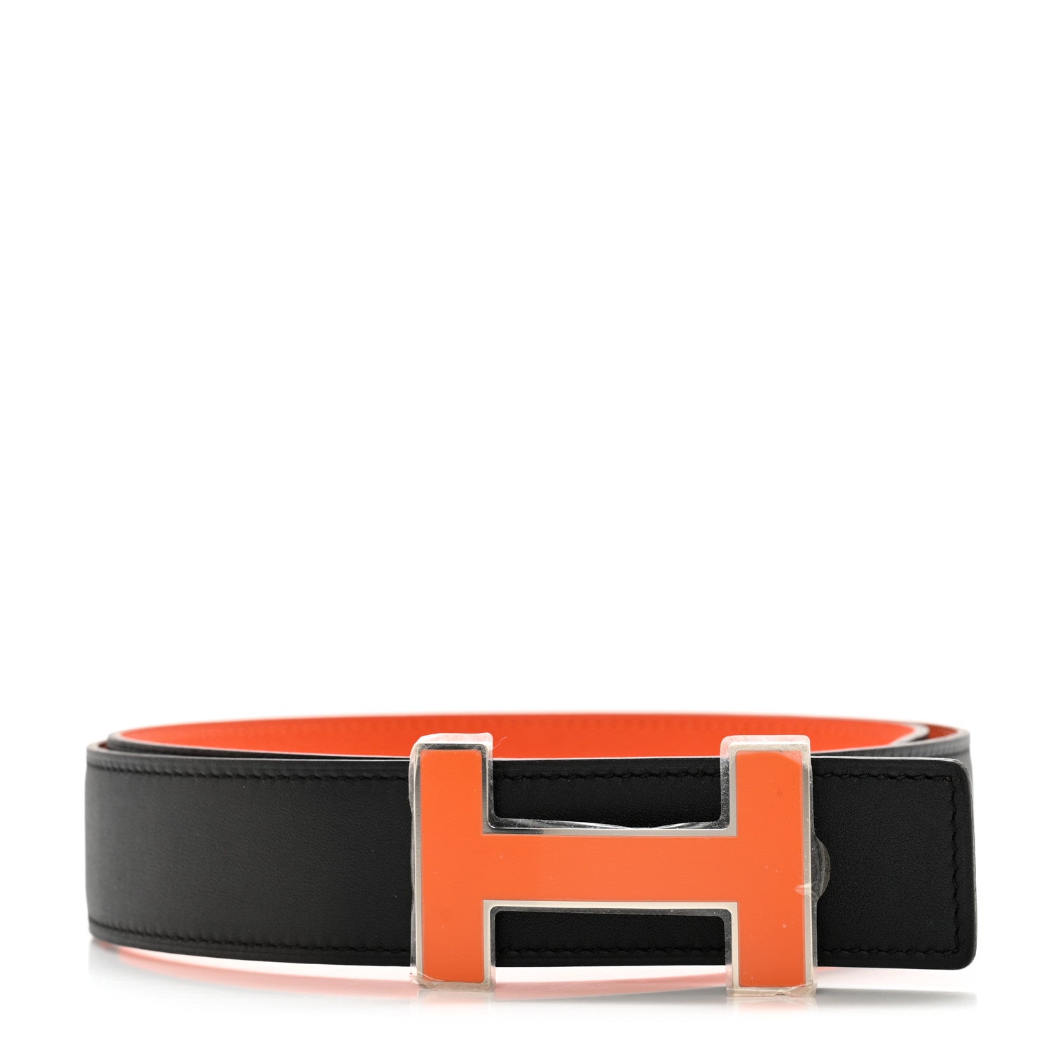 HERMES オレンジと黒のレザーベルト Hermes Swift Epsom 32mm Enamel Quizz H Belt 80 32 Black Orange