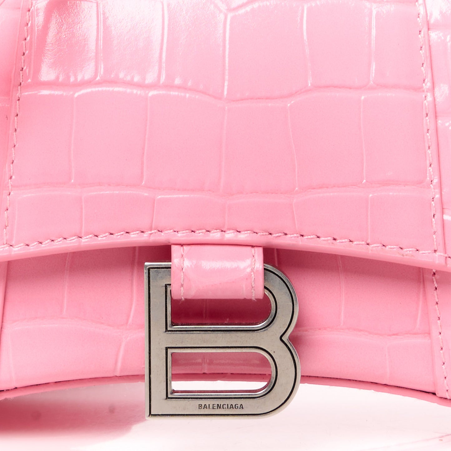 Shiny Calfskin Crocodile Embossed Hourglass Top Handle Bag XS Sweet Pink