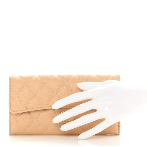 Caviar Quilted Large Gusset Flap Wallet Beige
