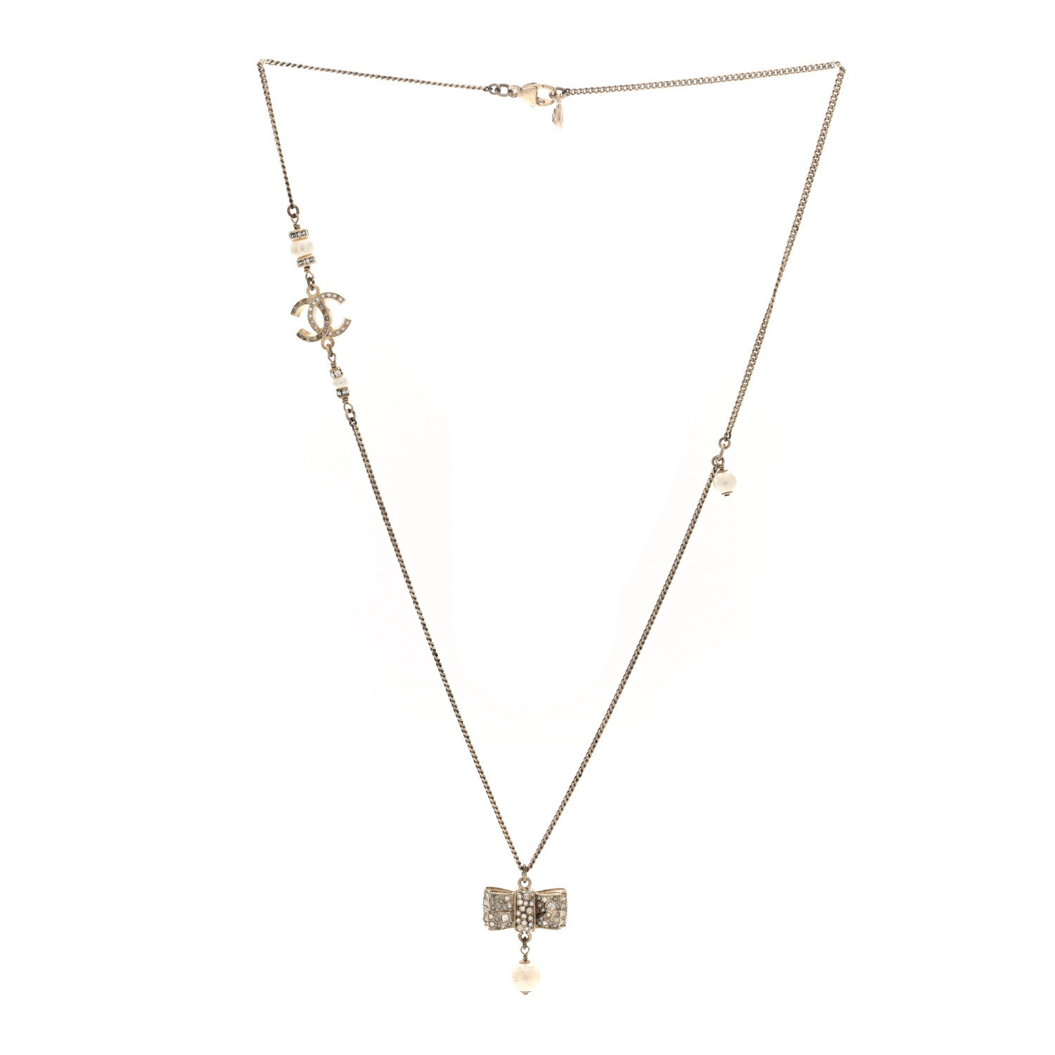 Chanel Metal Crystal Pearl CC Bow Necklace Gold 3 of 6