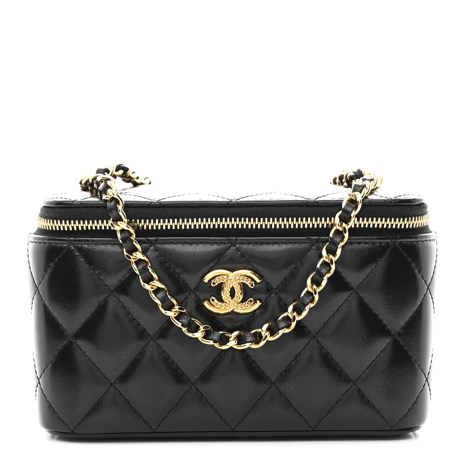 Chanel Shiny Lambskin Quilted Small Vanity Case With Chain Black