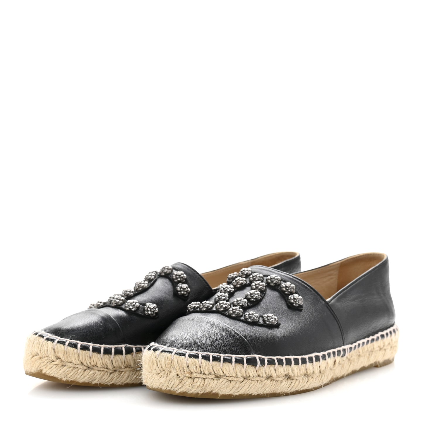 Lambskin Camellia CC Stud Espadrilles 39 Black