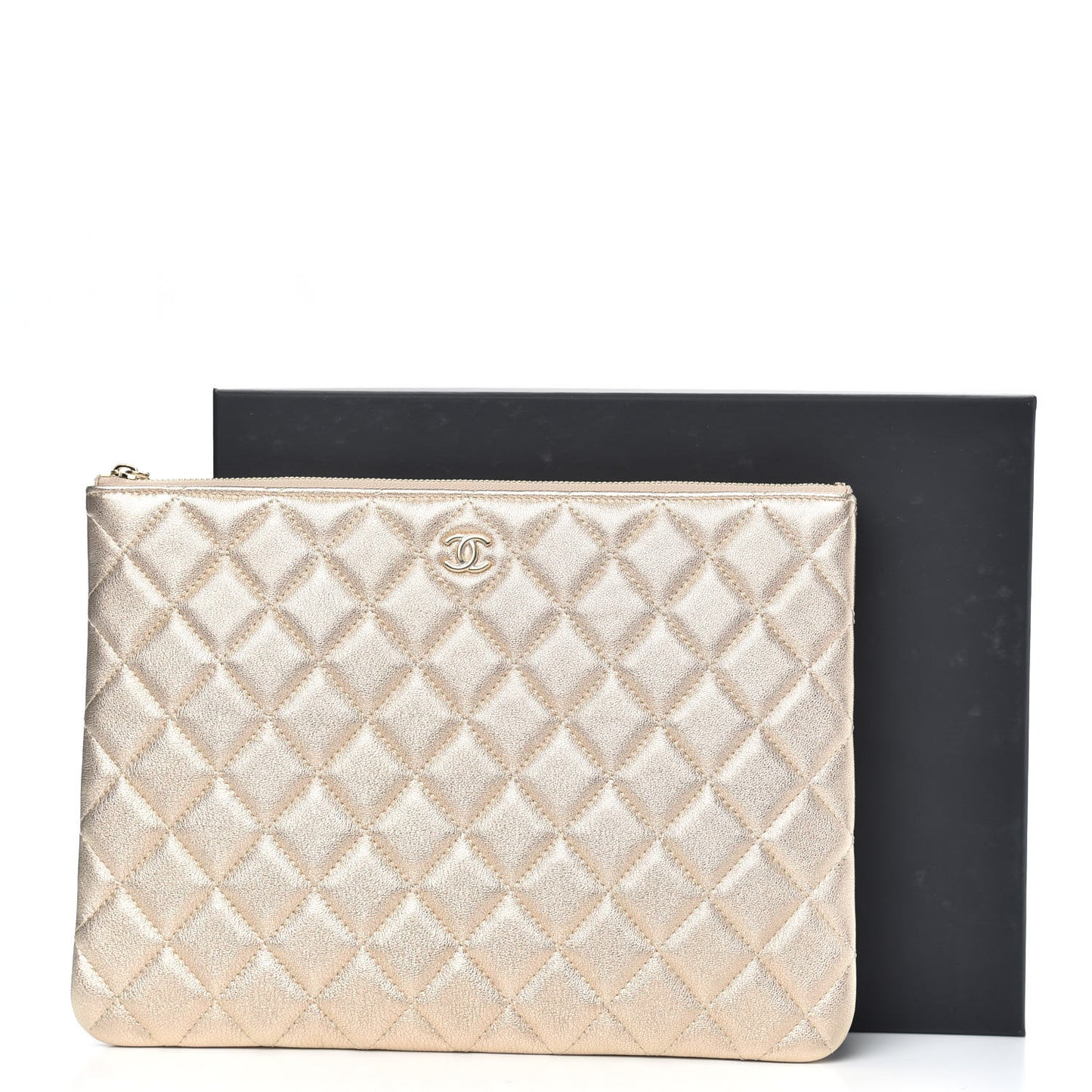 Metallic Lambskin Quilted Medium Cosmetic Case Gold