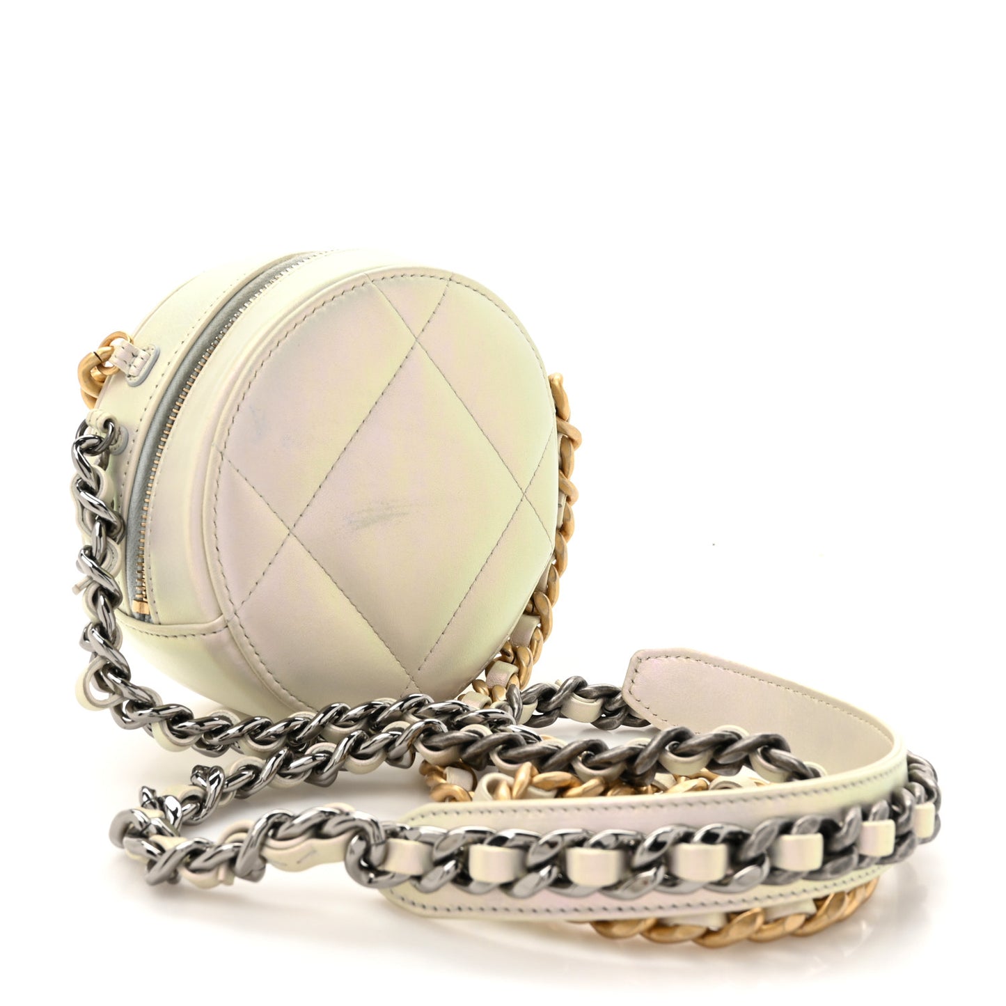 Iridescent Calfskin Quilted Chanel 19 Round Clutch With Chain White