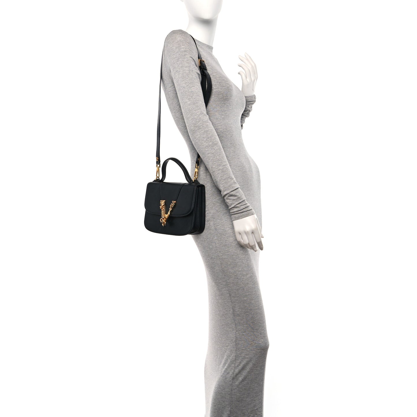 Vitello Barocco Virtus Small Top Handle Shoulder Bag Black