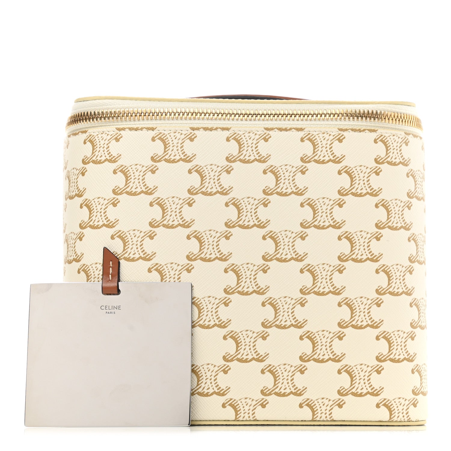 CELINE ケース ホワイト/ベージュ Celine Triomphe Canvas Calfskin Square Vanity Case White 1177476