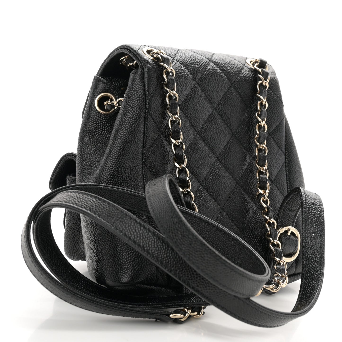 Shiny Caviar Quilted Small Duma Pockets Drawstring Backpack Black