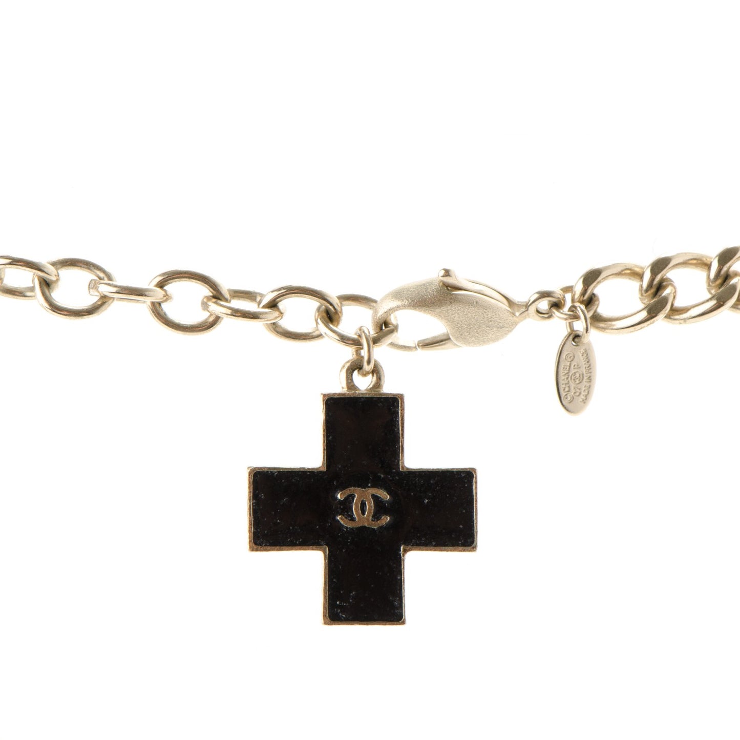 Enamel Crystal Pill CC Charm Necklace Black Gold