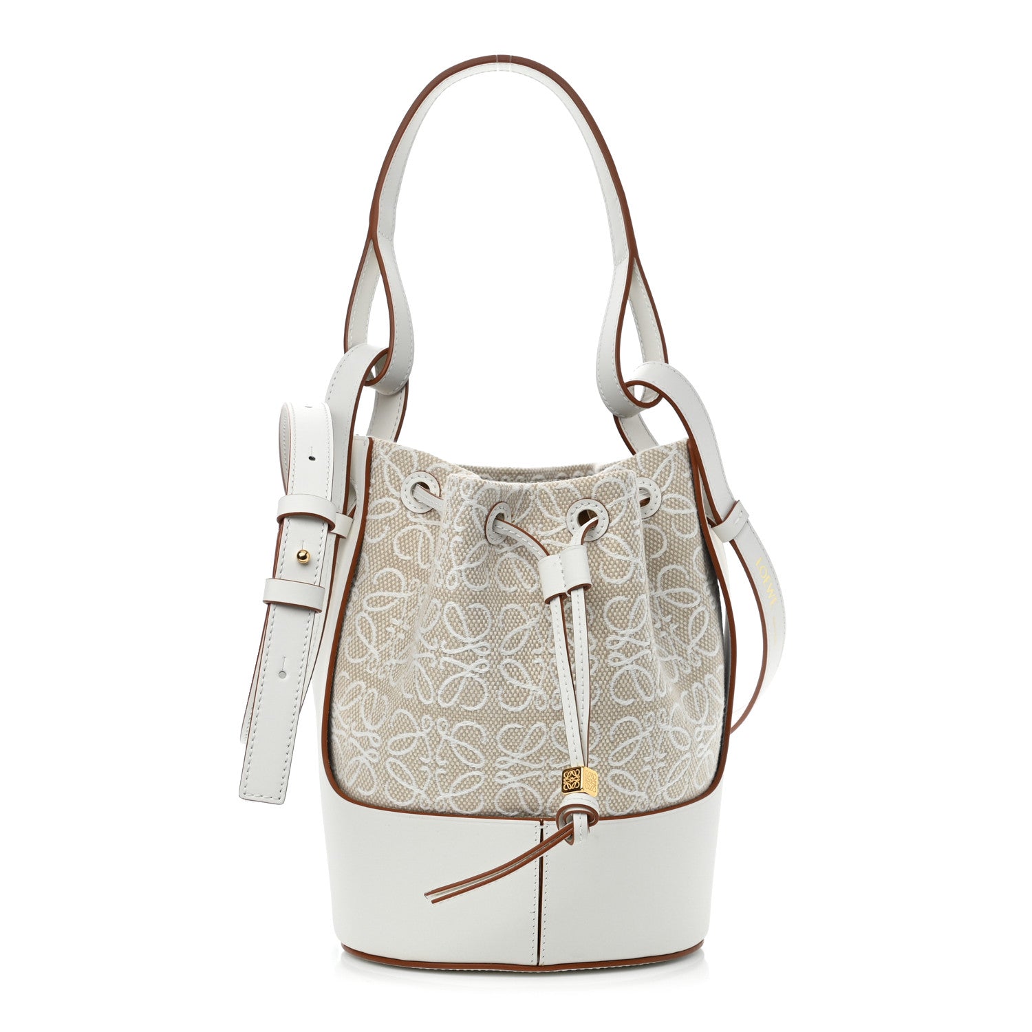 Loewe Calfskin Jacquard Linen Anagram Embroidered Small Balloon Bucket Bag Ecru White 1 of 10