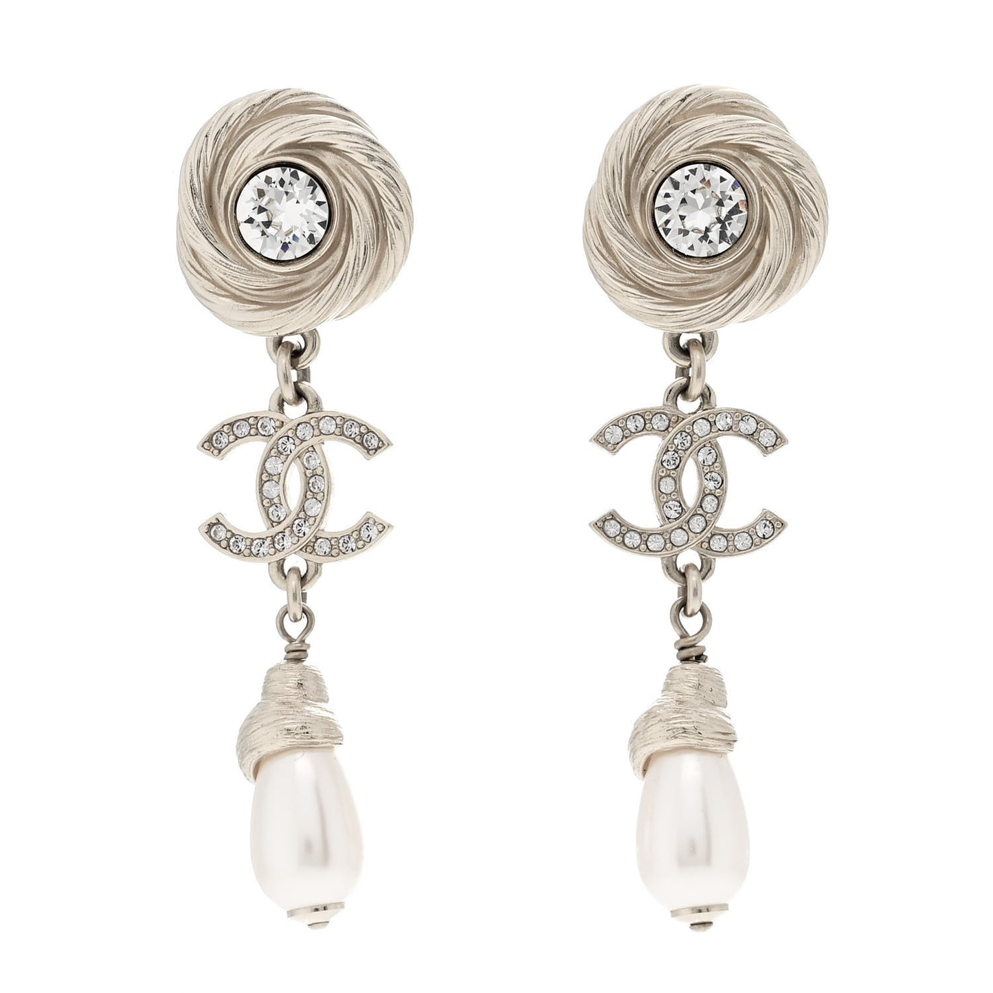 Metal Crystal Pearl Flower CC Drop Earrings Gold White
