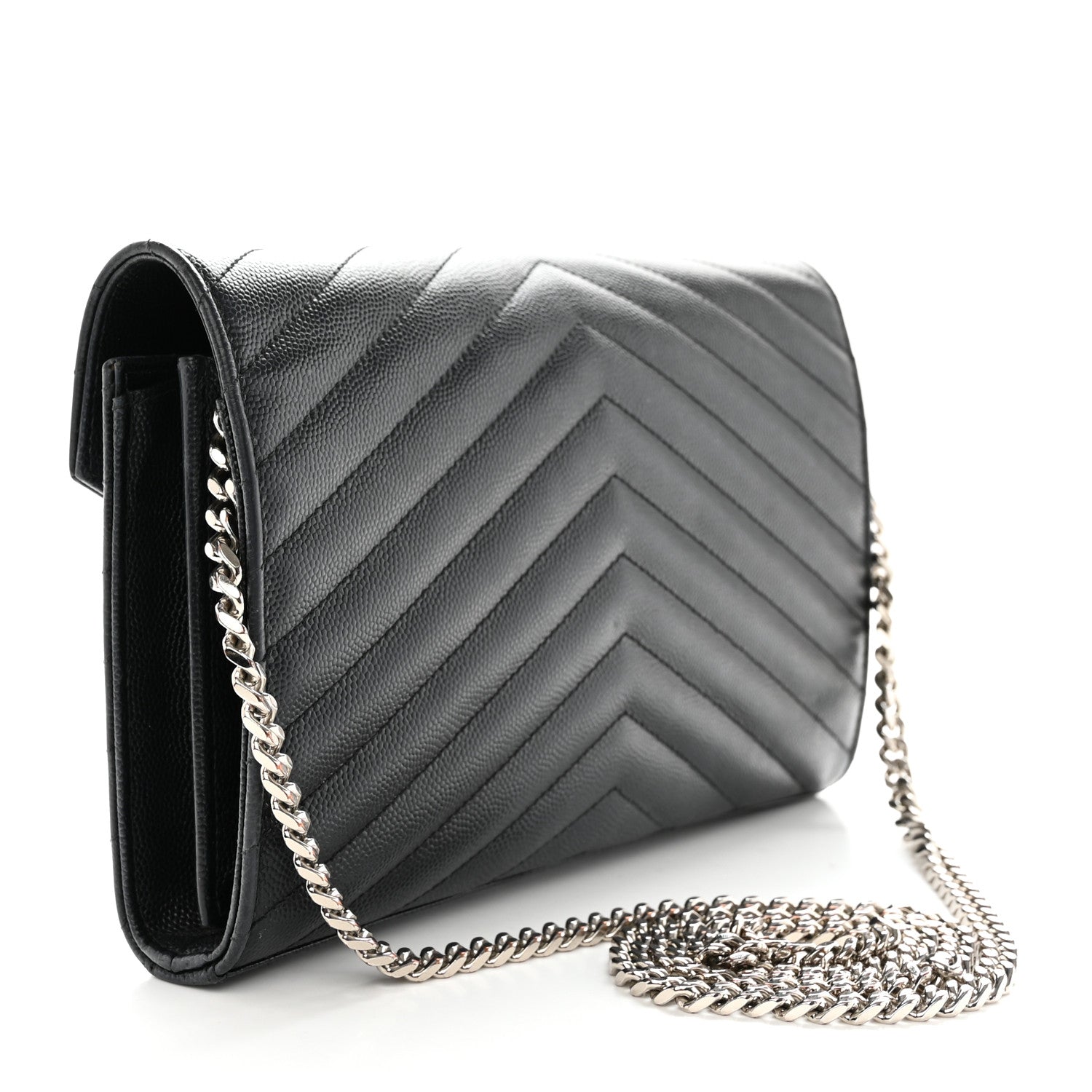 Saint Laurent Grain De Poudre Matelasse Chevron Monogram Chain Wallet Black 3 of 18